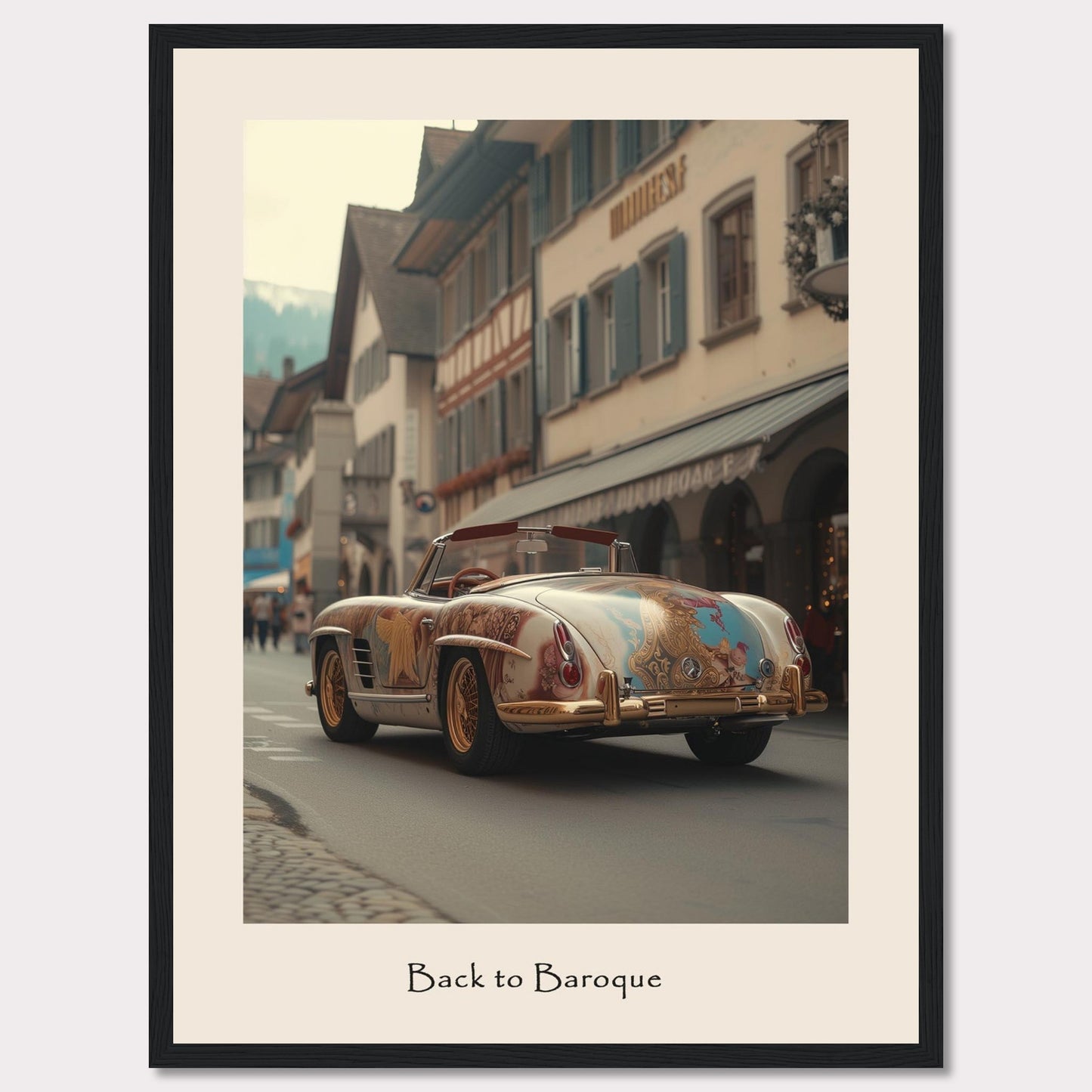 This captivating image showcases a vintage car adorned with intricate Baroque-style artwork, driving through a quaint European street lined with charming buildings. The scene is set against a backdrop of mountains, adding to the picturesque atmosphere.