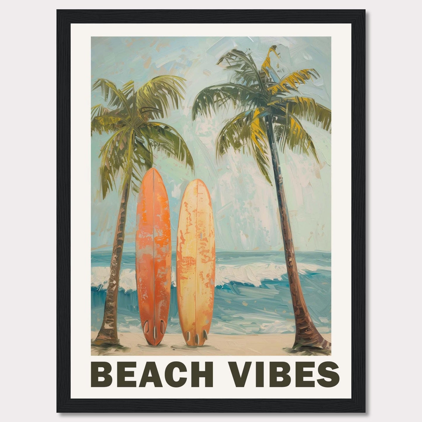 This vibrant artwork captures the essence of a perfect beach day. Two surfboards rest against tall palm trees, with waves crashing in the background and a clear sky above.