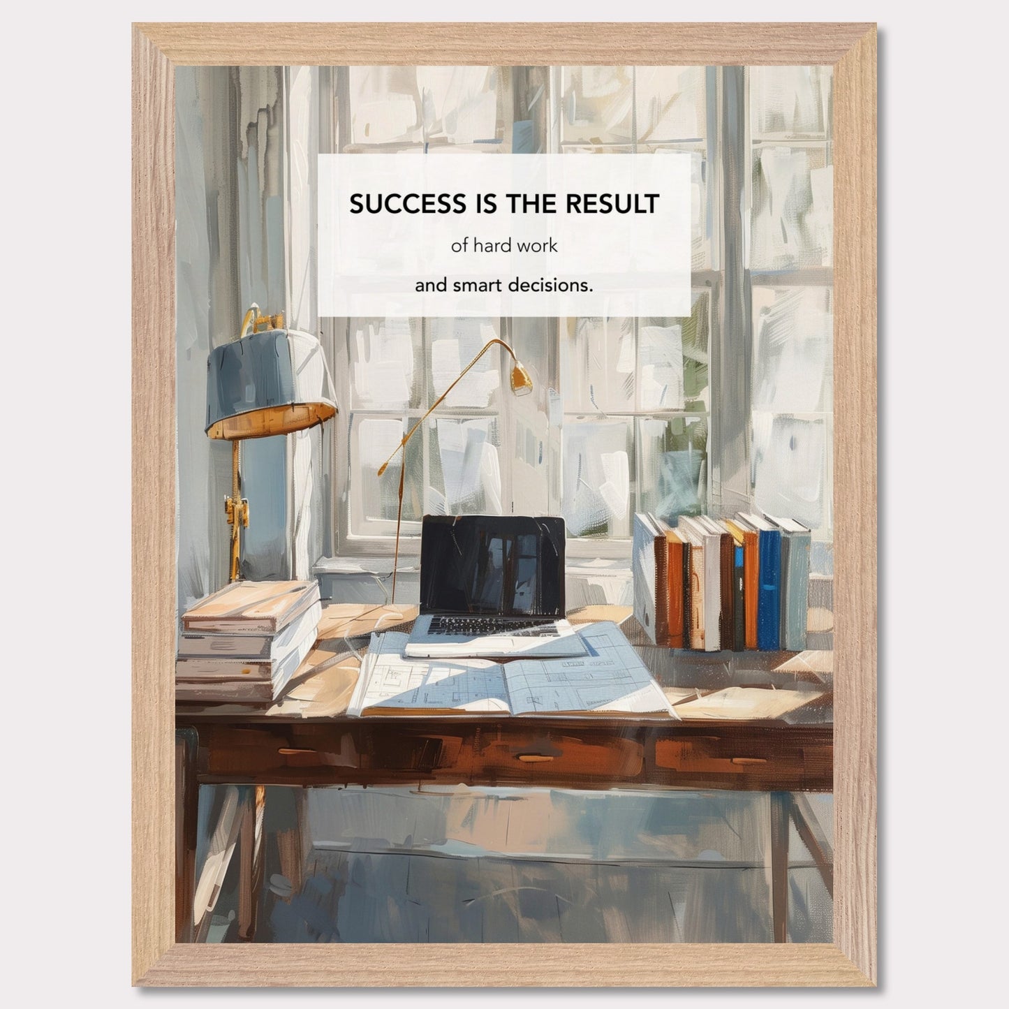 This inspiring poster showcases a serene and productive workspace bathed in natural light. The central message, "Success is the result of hard work and smart decisions," is prominently displayed.