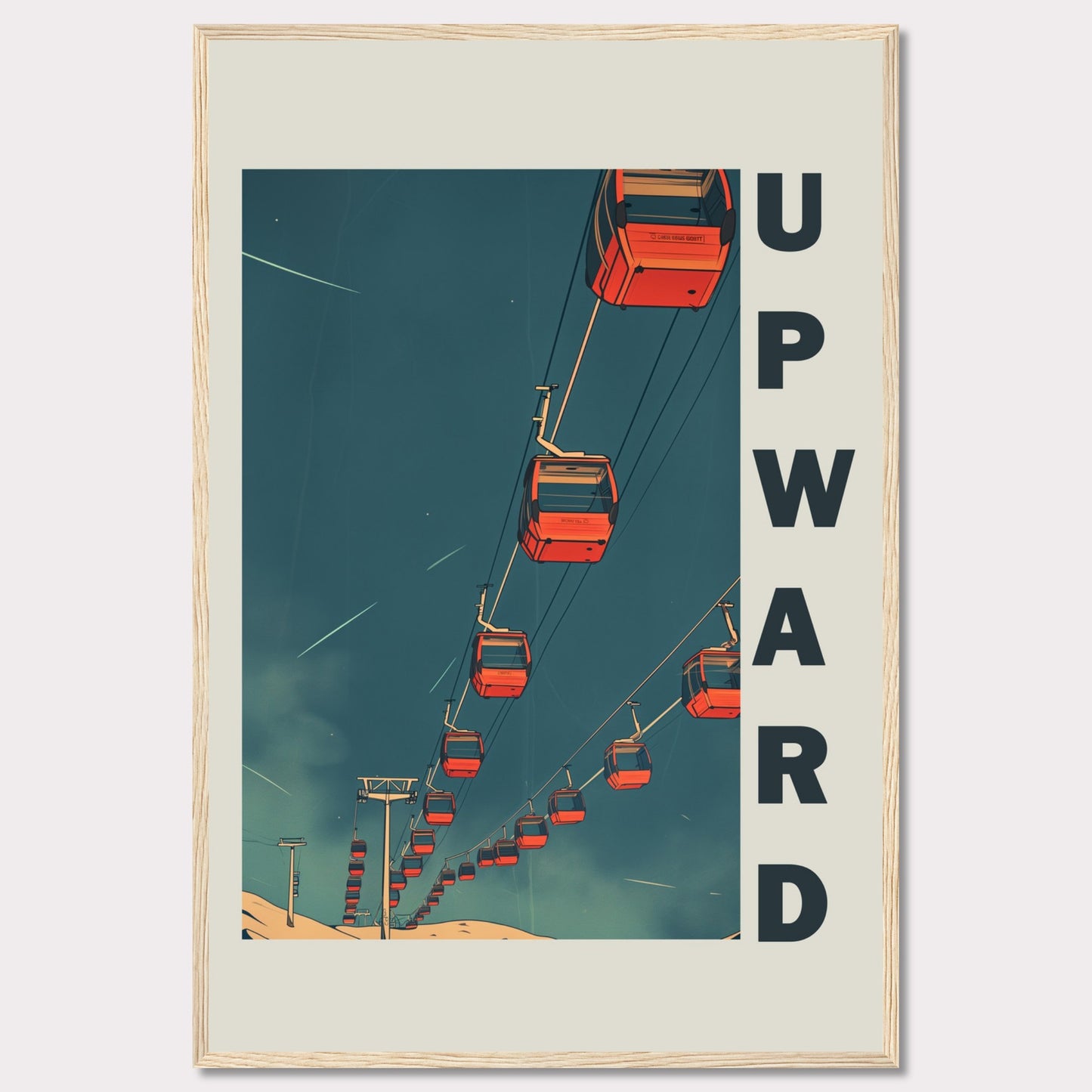 This striking artwork features a series of red cable cars ascending into a deep blue sky, evoking a sense of adventure and upward momentum. The word "UPWARD" is boldly displayed along the right side, reinforcing the theme of progress and elevation.