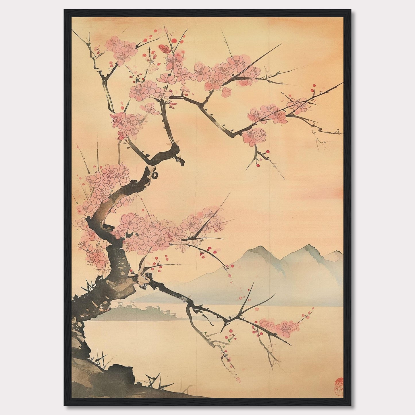 This beautiful artwork features a delicate cherry blossom tree in full bloom against a serene backdrop of distant mountains. The soft pastel hues create a tranquil and calming atmosphere, perfect for any living space.