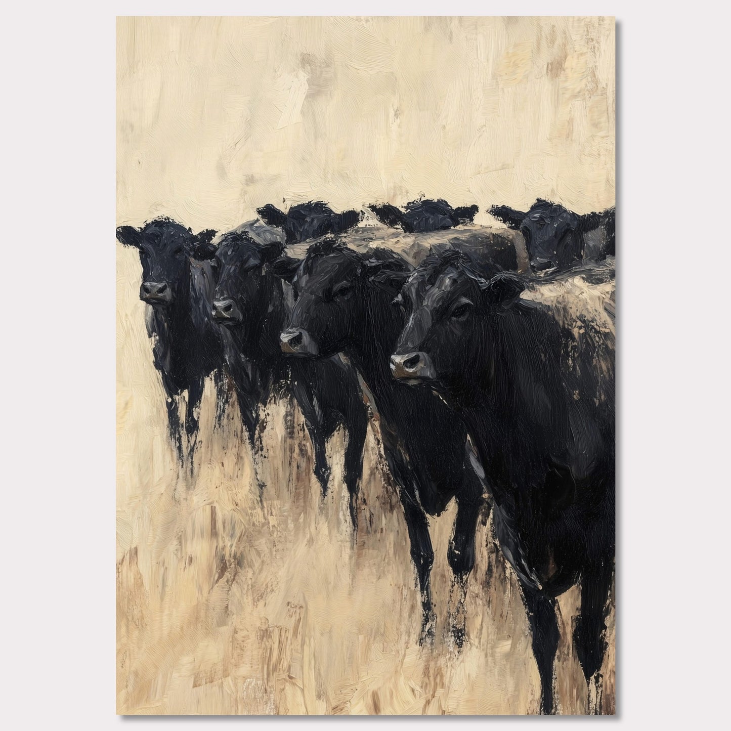 This captivating painting depicts a group of black cows standing together, evoking a sense of unity and strength. The textured brushstrokes and neutral background create a striking contrast, highlighting the animals' dark forms.