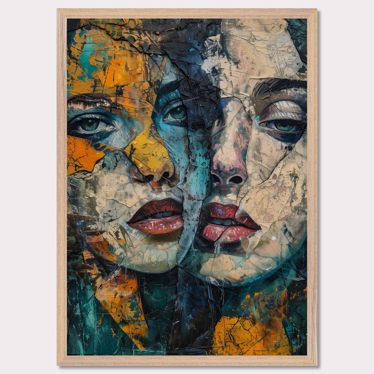 This captivating artwork features two intertwined, abstract faces with a rich blend of colors and textures. The painting exudes a sense of mystery and depth, drawing the viewer into its intricate details.