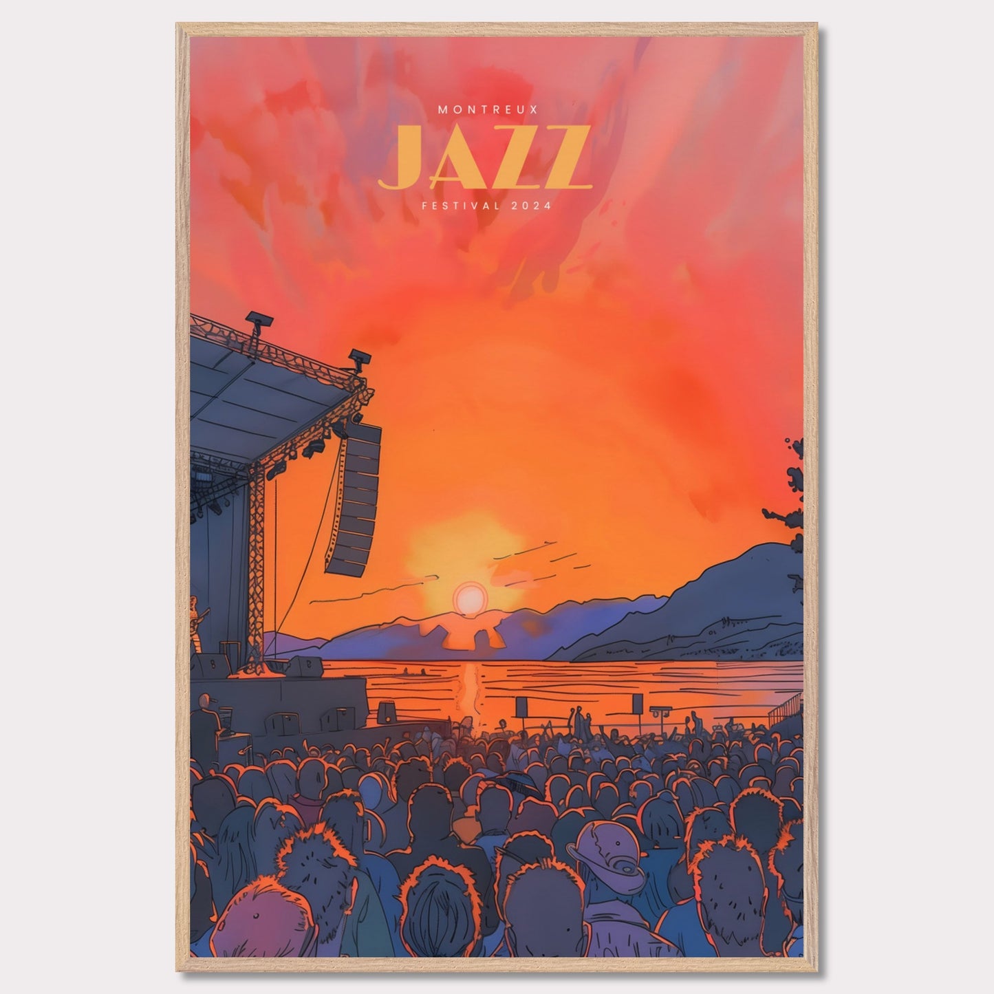 This vibrant poster showcases the Montreux Jazz Festival 2024, capturing the essence of a live outdoor concert at sunset. The scene is set with a large crowd facing a stage where a musician performs against a backdrop of a stunning sunset over a lake and mountains.