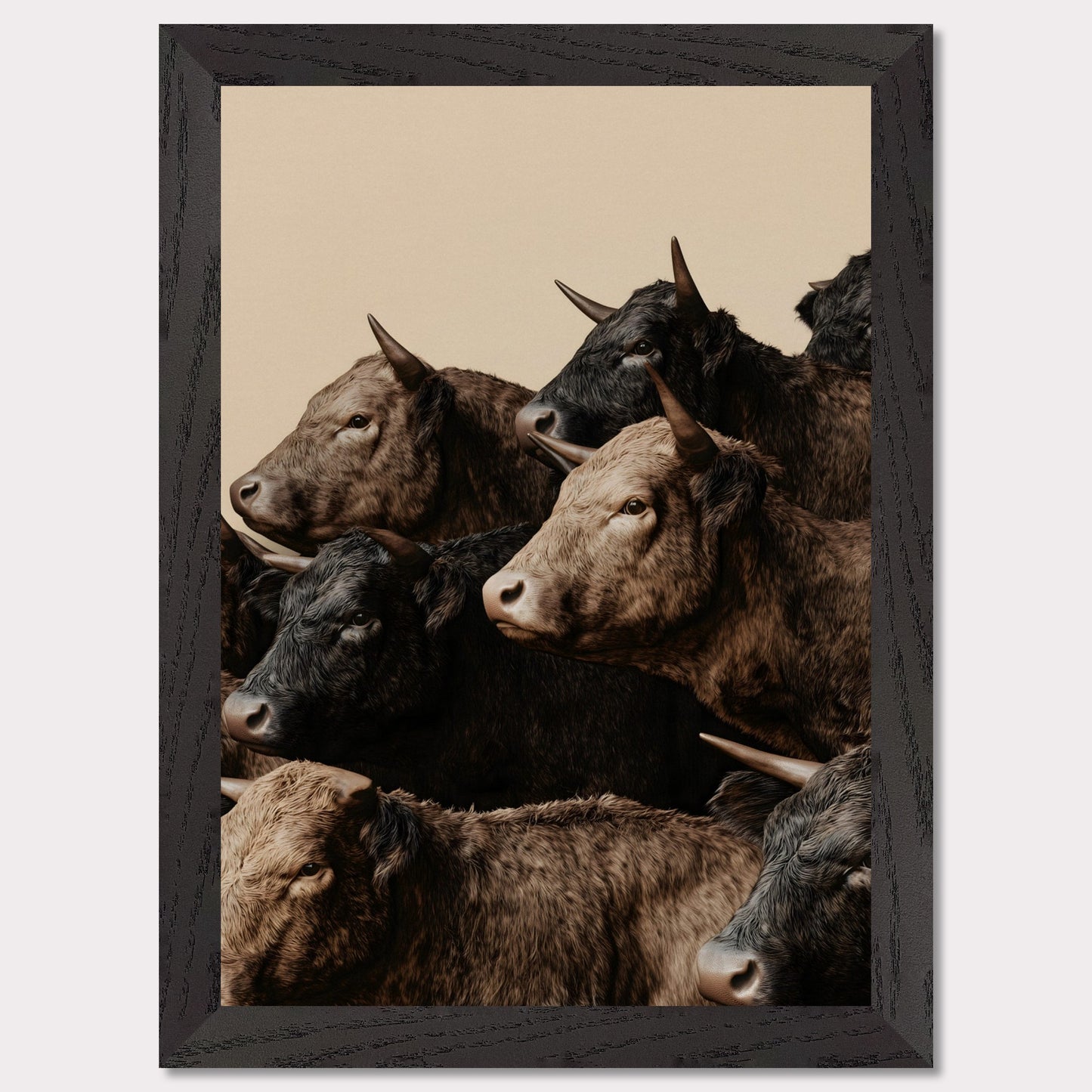 This illustration depicts a group of oxen with varying shades of brown and black fur, closely packed together against a plain beige background.

This poster will fit well in rustic or farmhouse-style interiors, animal-themed spaces, or art collections focusing on wildlife.