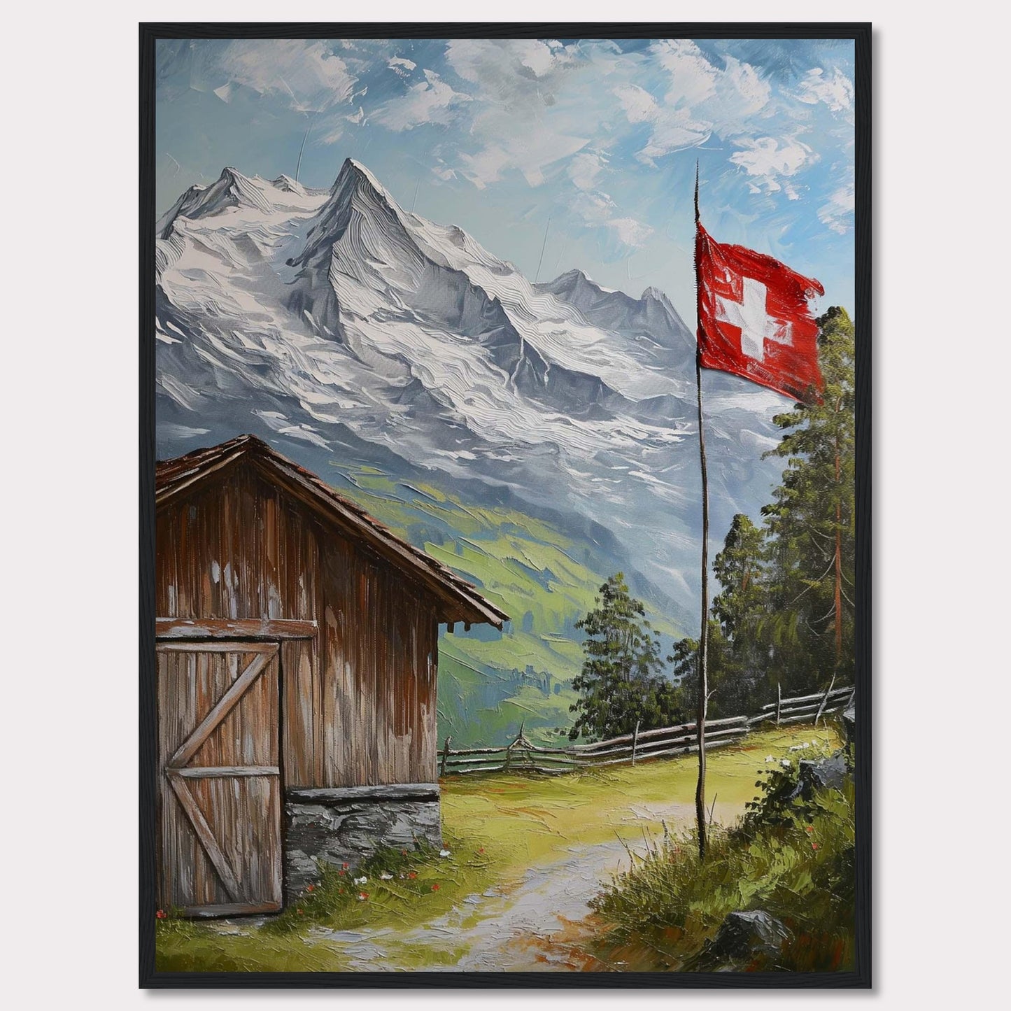 This image depicts a serene mountain scene with a rustic wooden cabin, a Swiss flag fluttering in the breeze, and majestic snow-capped peaks in the background. The lush greenery and clear blue sky add to the tranquil atmosphere.