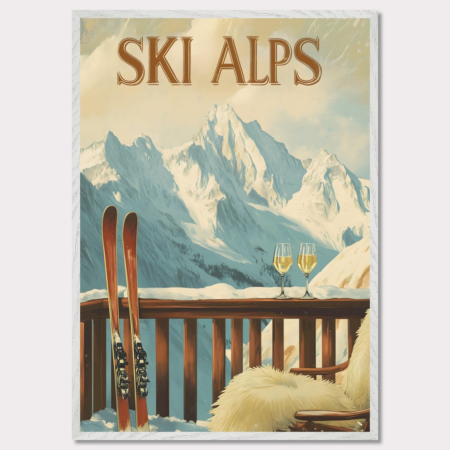 This soothing poster transports you to a tranquil alpine terrace with a breathtaking view of snow-covered peaks. A wooden chair draped in soft fur and paired with two glasses of sparkling wine sets the tone for a peaceful and intimate winter retreat.