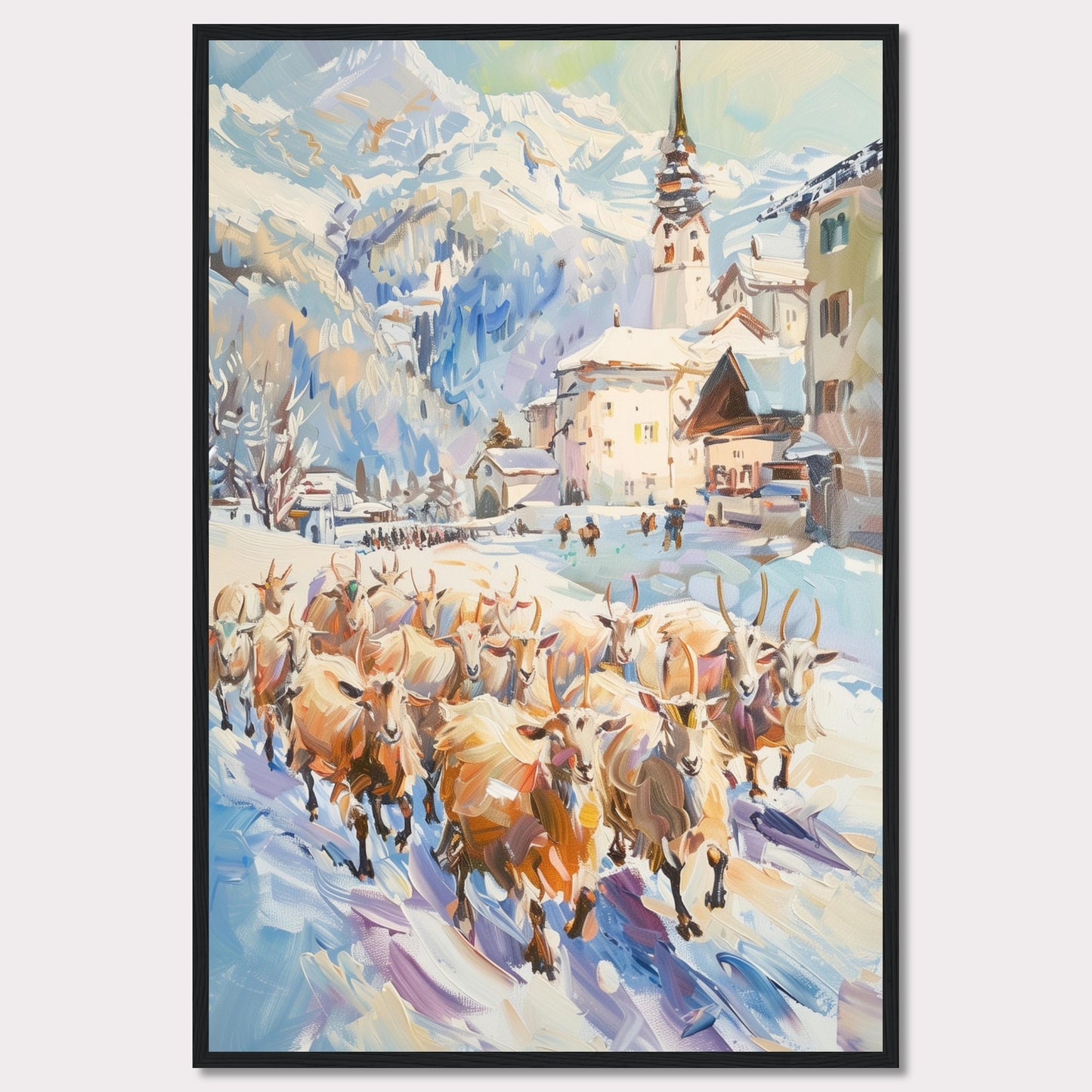 This captivating painting depicts a serene winter village scene with a herd of sheep being guided through the snow-covered streets. The backdrop features majestic snow-capped mountains and charming alpine architecture, including a prominent church steeple.