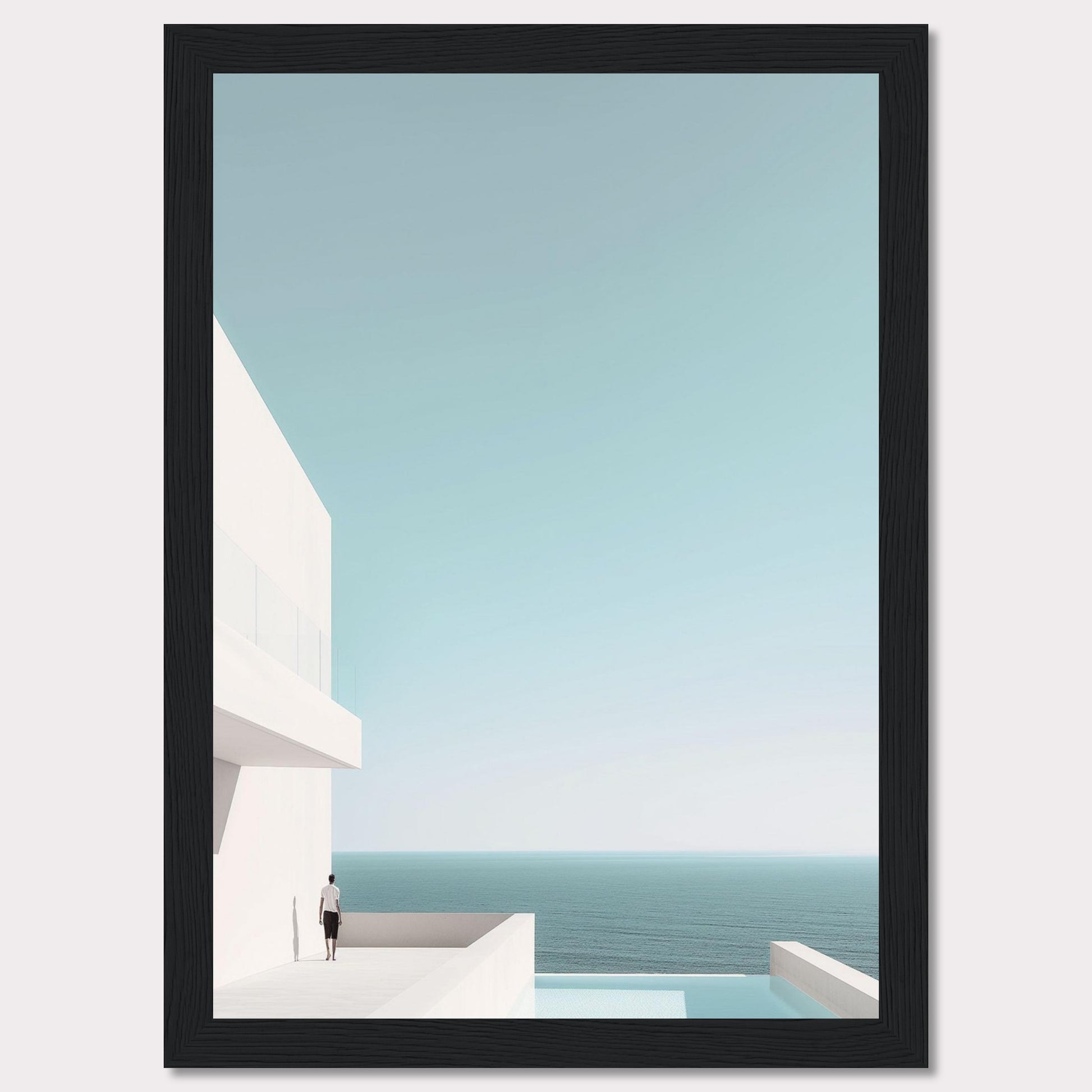 This serene image captures a minimalist coastal scene featuring a modern white building overlooking the tranquil ocean. A solitary figure stands on a balcony, gazing out at the expansive sea and clear sky. The composition exudes calmness and simplicity, inviting viewers to embrace a moment of peaceful reflection.