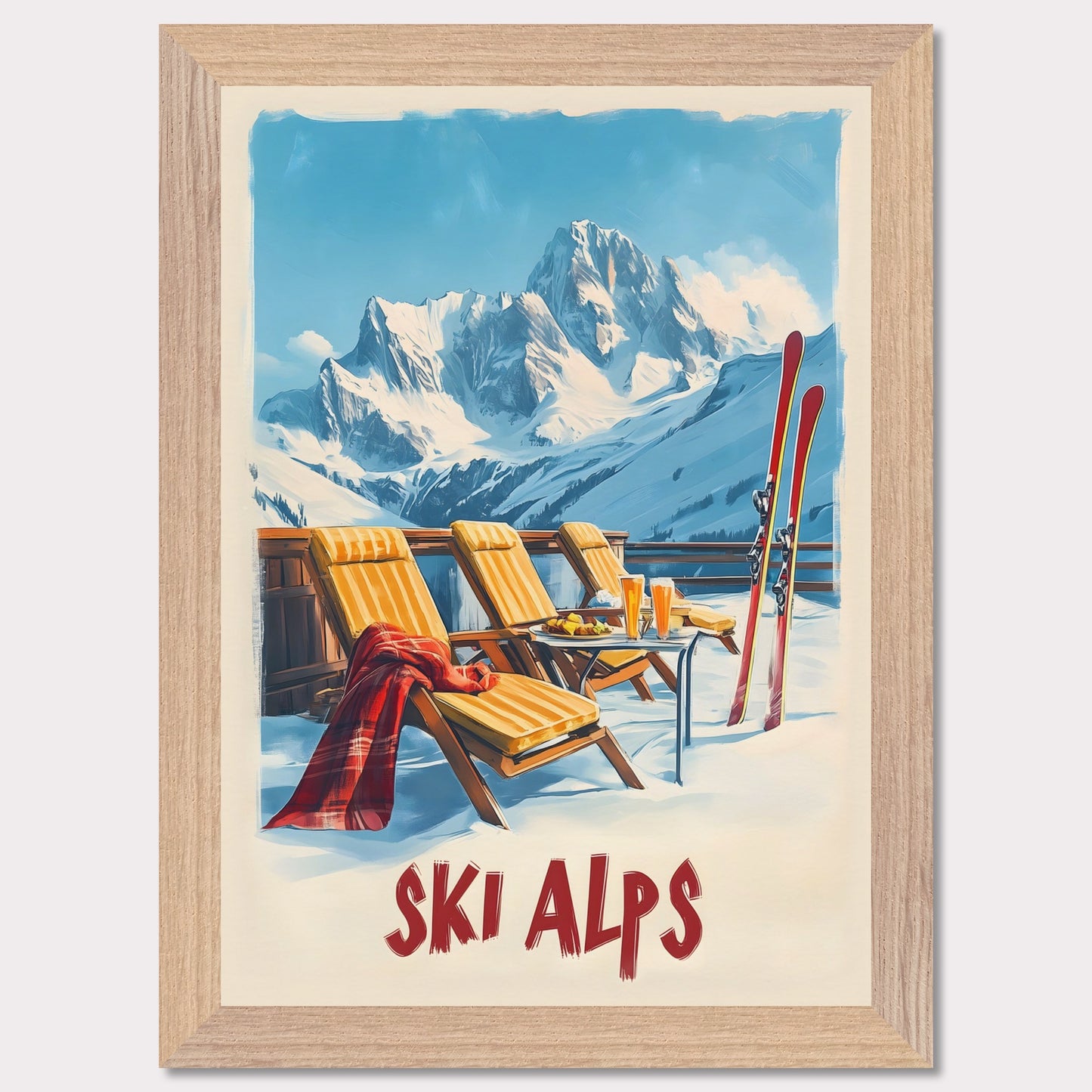 This vibrant poster captures the joy of a sunlit winter day in the Alps. Relaxation takes center stage with inviting lounge chairs draped in cozy blankets, complemented by refreshing beverages and a mountain backdrop that stretches into the clear blue sky.