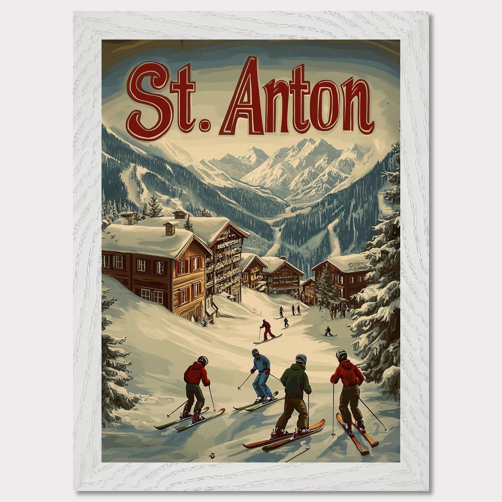 This stunning vintage-inspired poster depicts the idyllic town of St. Anton nestled beneath towering snow-capped peaks. The ski slopes are alive with activity, with skiers descending toward the charming wooden chalets. The warm hues in the sky add a sense of tranquility to the winter landscape, while the retro typography and art style transport the viewer to a time when winter holidays in the Alps were the height of elegance and adventure.