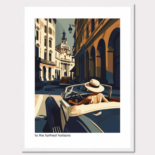 This captivating artwork depicts a stylish individual driving a vintage car through a charming, sunlit European street. The scene is filled with architectural beauty, showcasing classic buildings and a serene atmosphere.