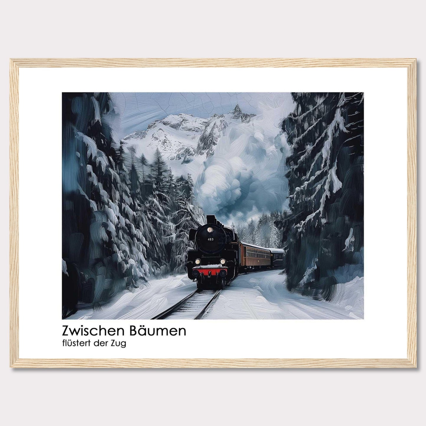 This captivating image depicts a steam train chugging through a snowy forest, with towering pine trees on either side and majestic snow-covered mountains in the background. The scene is serene and picturesque, capturing the essence of winter wonderland.