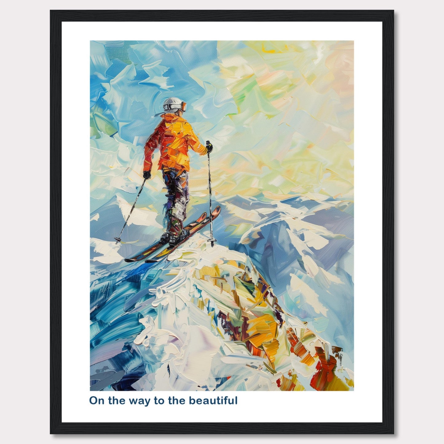 This vibrant painting captures a skier standing at the peak of a snowy mountain, ready to descend. The skier is dressed in an orange jacket and helmet, holding ski poles. The background features a stunning array of colors depicting the sky and distant mountains.