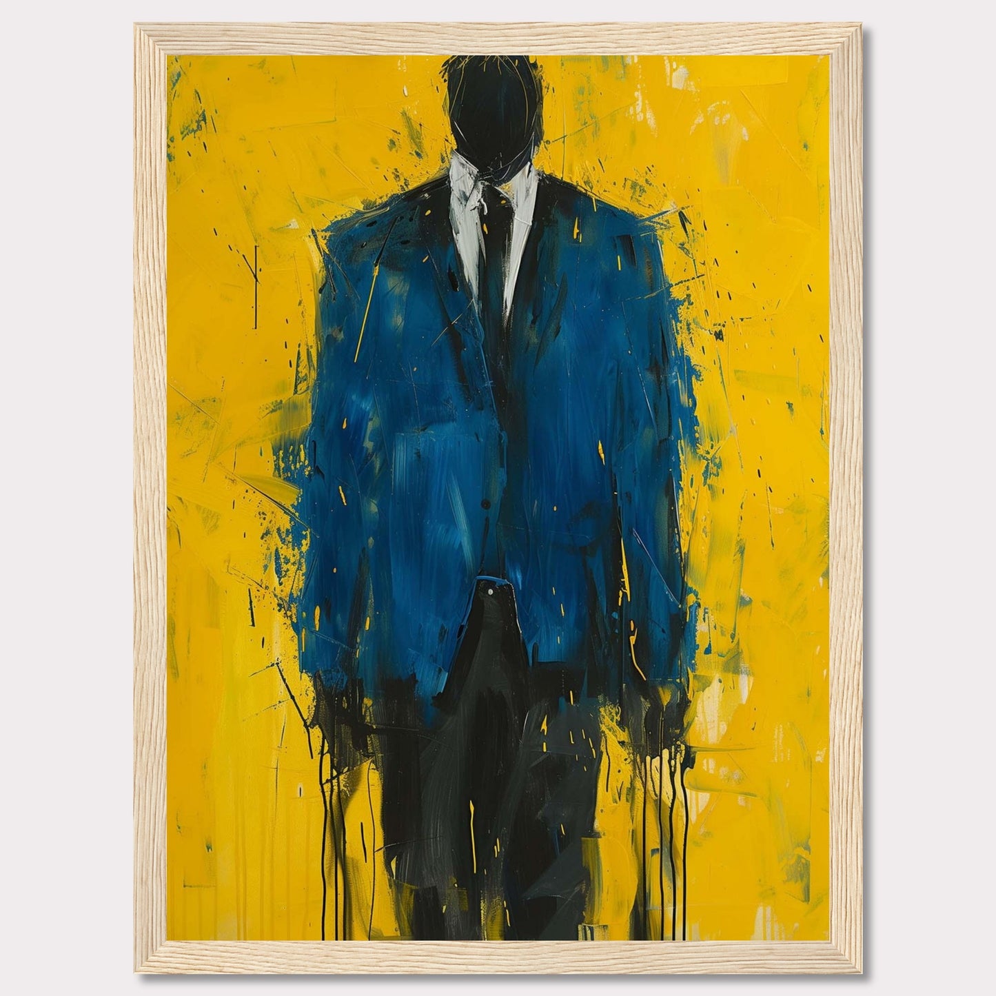 This striking painting features a faceless figure in a blue suit against a vibrant yellow background. The abstract style and bold colors create a powerful visual impact.