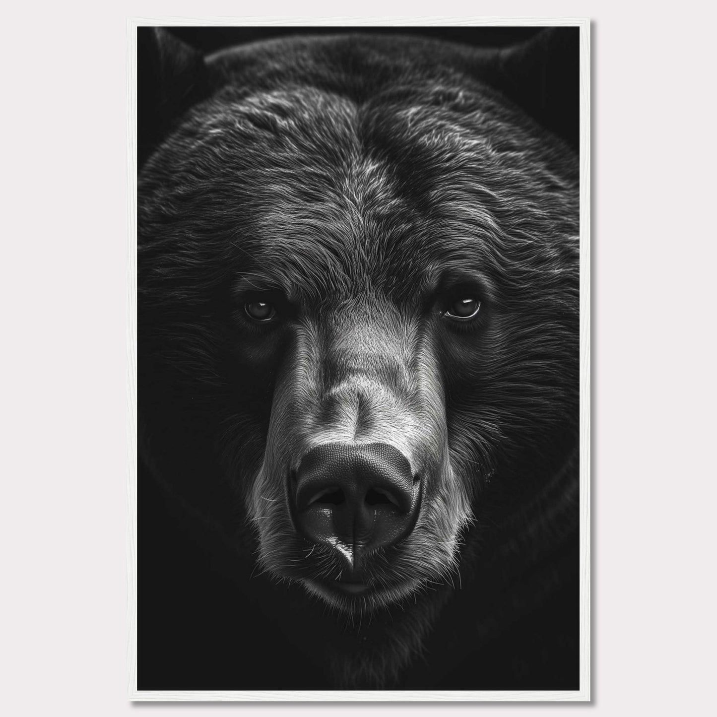 This striking black and white photograph captures the intense gaze of a bear, emphasizing its powerful presence and majestic features. The close-up shot highlights the intricate details of the bear's fur and facial structure, creating a captivating and dramatic effect.