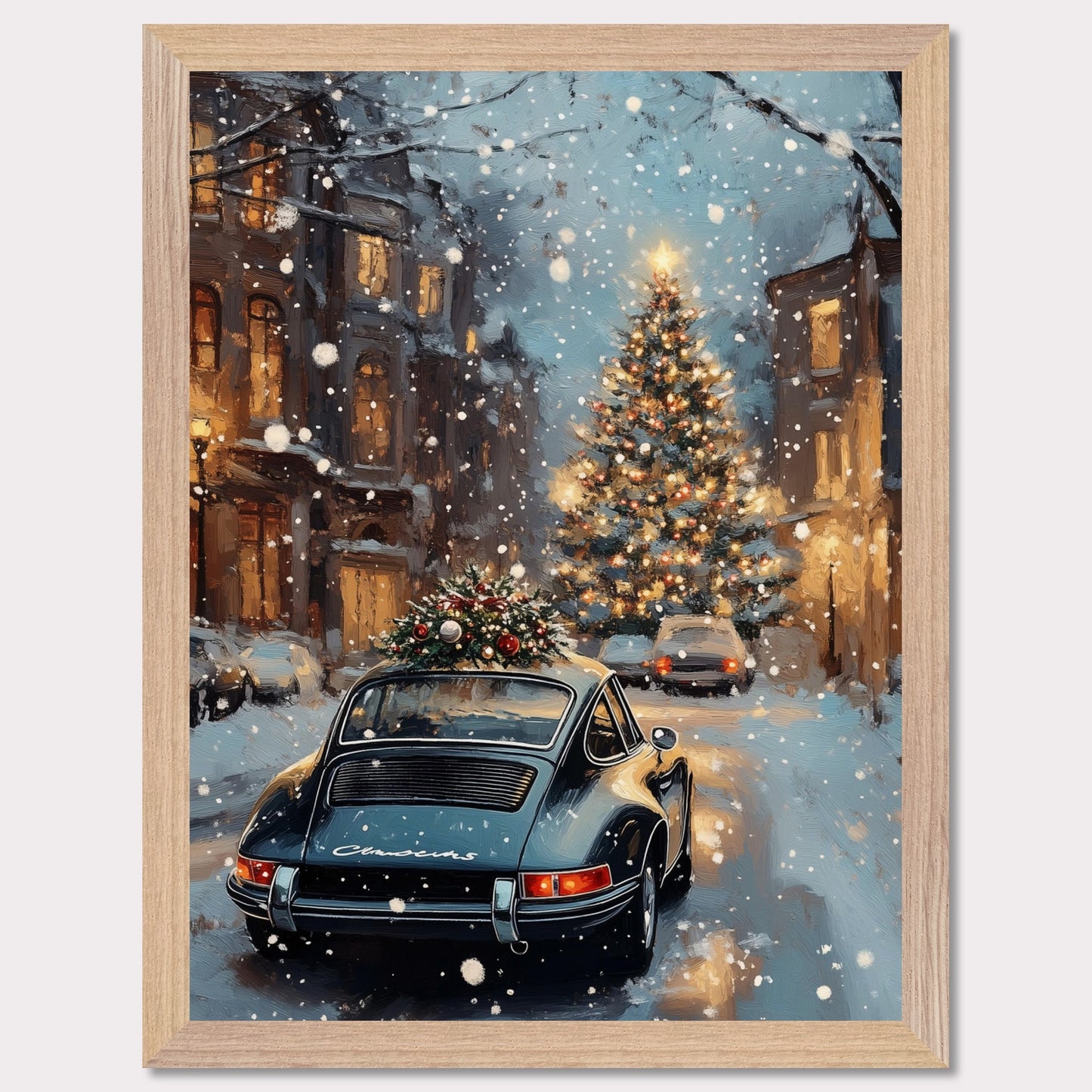 This enchanting poster portrays a snowy Swiss street with a beautifully adorned vintage car carrying a Christmas tree. The softly glowing lights and festive decorations create an atmosphere of joyous holiday anticipation. The combination of timeless cars and seasonal spirit brings a unique charm to this holiday scene.