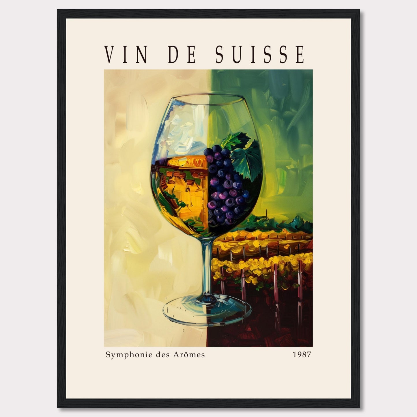 This vibrant poster showcases a wine glass filled with white wine, adorned with a cluster of purple grapes and green leaves. The background features a picturesque vineyard scene, split into two contrasting hues of yellow and green.