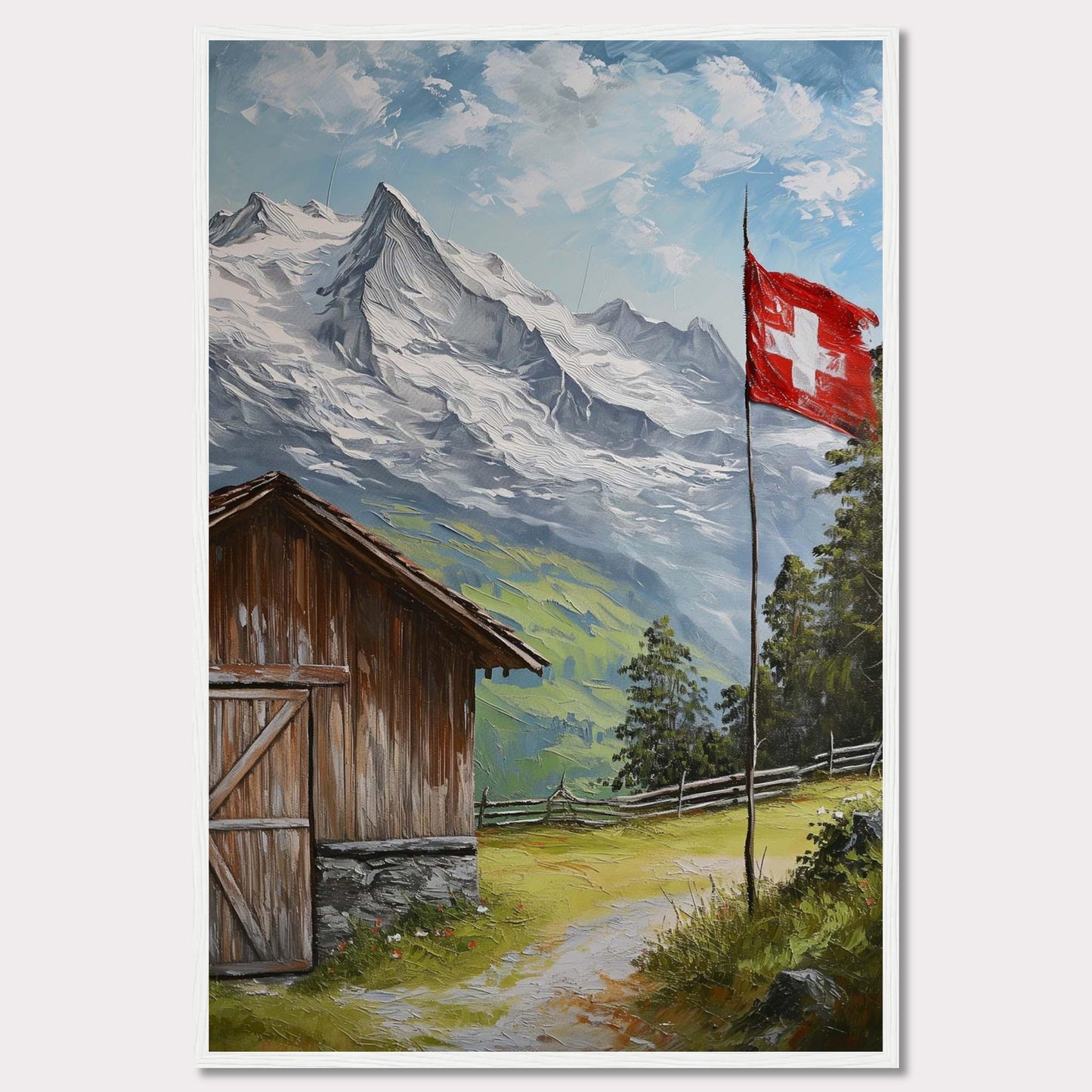 This image depicts a serene mountain scene with a rustic wooden cabin, a Swiss flag fluttering in the breeze, and majestic snow-capped peaks in the background. The lush greenery and clear blue sky add to the tranquil atmosphere.