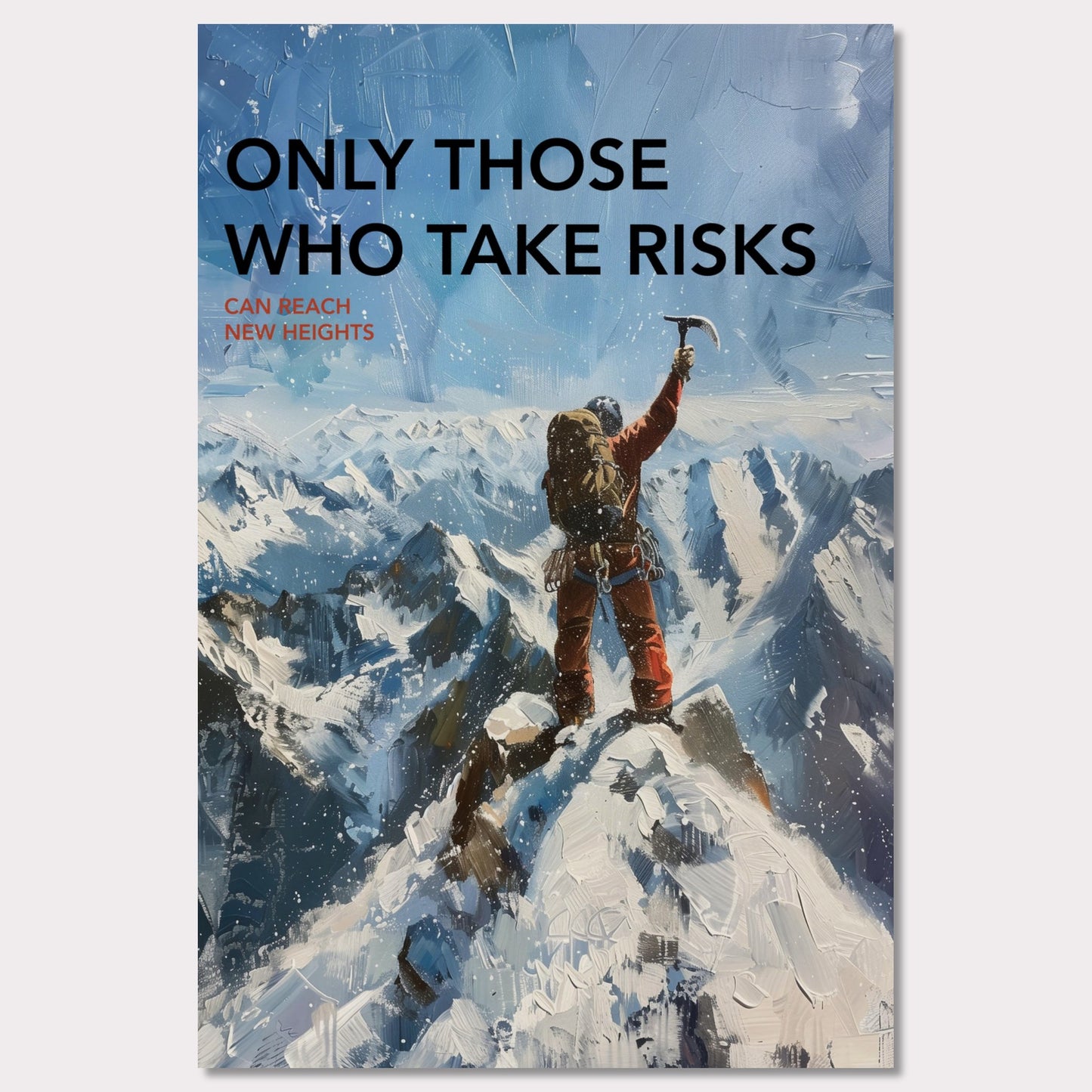 This inspiring poster depicts a climber triumphantly standing atop a snow-covered mountain peak, raising an ice axe in victory. The background showcases a breathtaking view of rugged, snowy mountains under a clear blue sky.