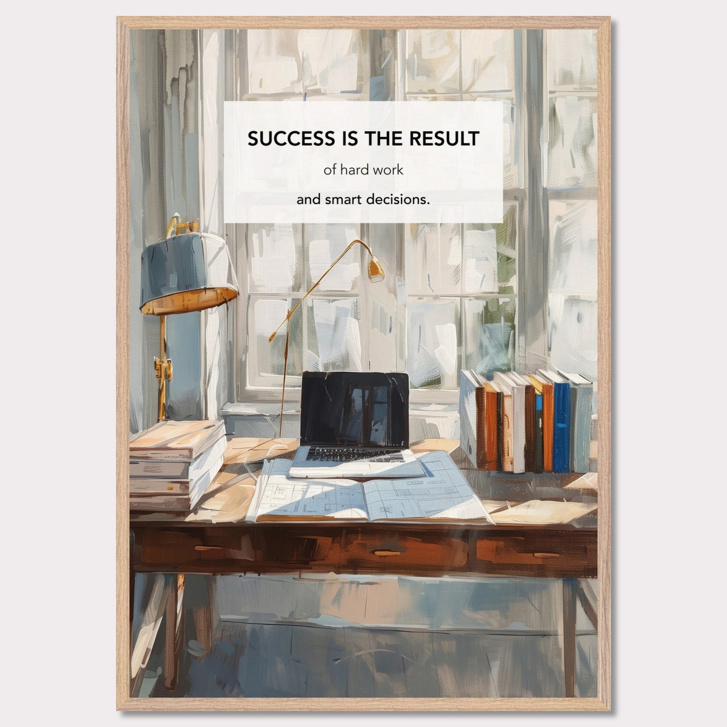 This inspiring poster showcases a serene and productive workspace bathed in natural light. The central message, "Success is the result of hard work and smart decisions," is prominently displayed.