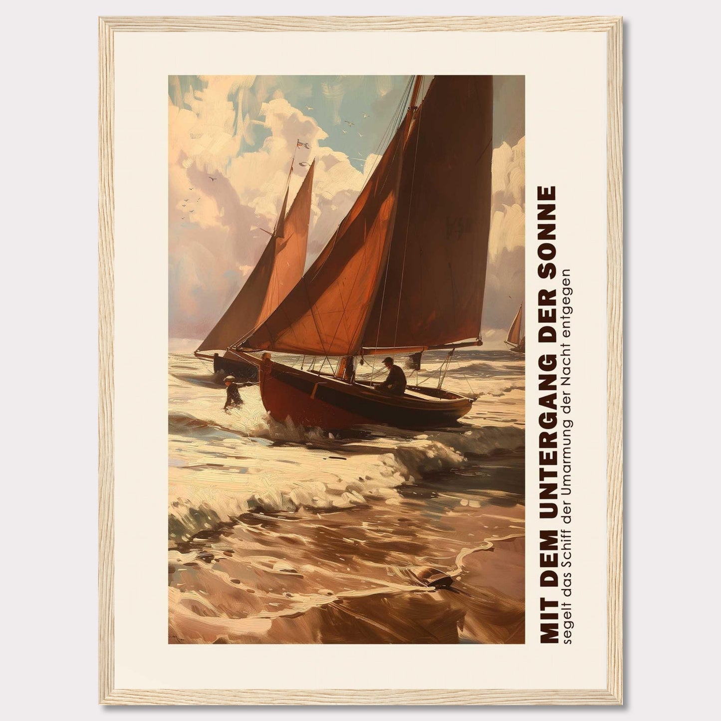 This captivating artwork depicts two sailboats navigating through the waves at sunset, with the sky painted in warm hues of orange and pink. The scene evokes a sense of adventure and tranquility as the boats head towards the horizon. The text on the side reads "MIT DEM UNTERGANG DER SONNE segelt das Schiff der Umarmung der Nacht entgegen," which translates to "With the setting of the sun, the ship sails towards the embrace of the night."