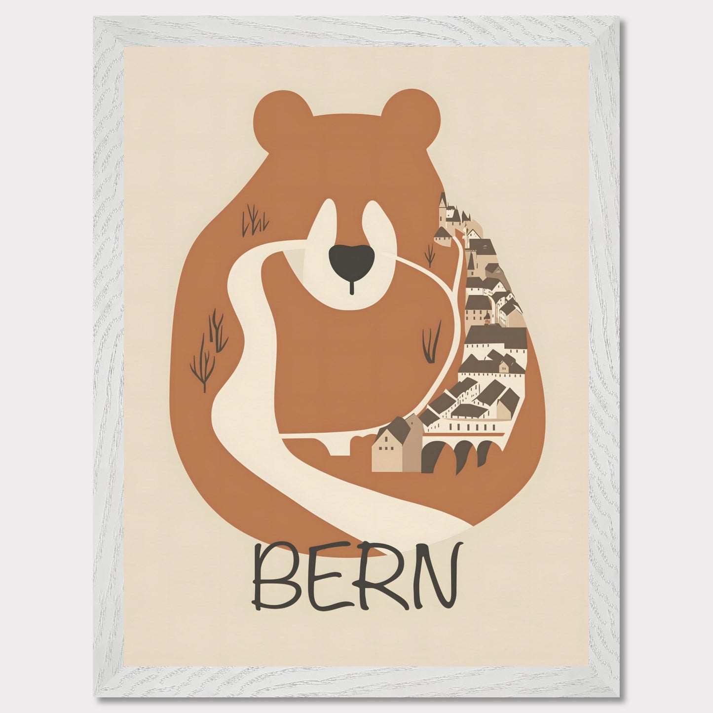 This charming poster features a stylized depiction of Bern, Switzerland, where the iconic bear—symbol of the city—seamlessly merges with the winding streets and historic architecture. The earthy tones and minimalist design evoke a sense of warmth and tradition, reflecting the city's rich history and natural surroundings.