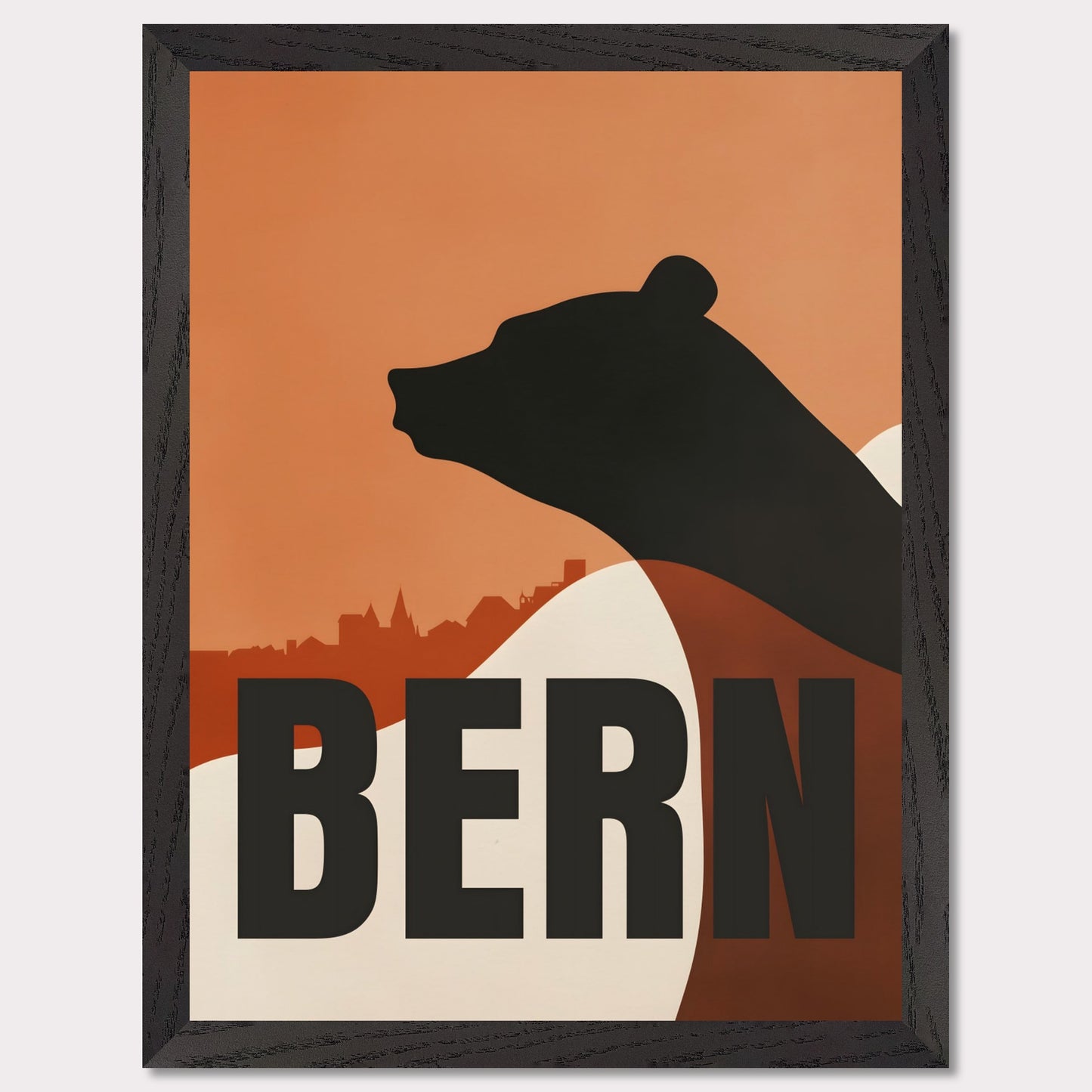 This minimalist poster features the silhouette of a bear — the symbol of Bern — against an orange sky and the city's architectural skyline. Simple yet profound, the design captures the atmosphere of Switzerland's capital and its rich cultural heritage.