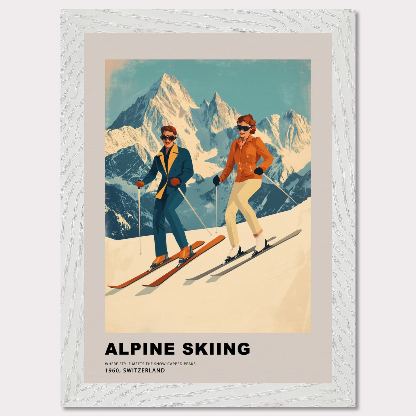 This stunning retro-style poster celebrates the elegance of alpine skiing in Switzerland. Two stylish skiers gracefully glide down the snowy slopes, set against the backdrop of majestic, sunlit peaks. The vintage color palette and mid-century design highlight the timeless charm and sophistication of the alpine experience, making it a celebration of both sport and scenery.