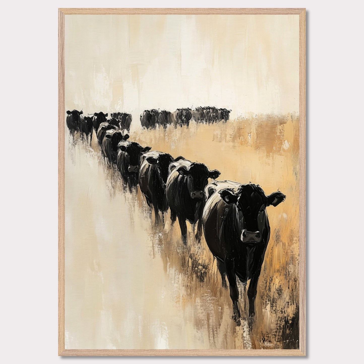 This captivating artwork portrays a herd of black cows walking in a line across a serene, golden field. The abstract brush strokes and muted color palette evoke a sense of calm and tranquility.