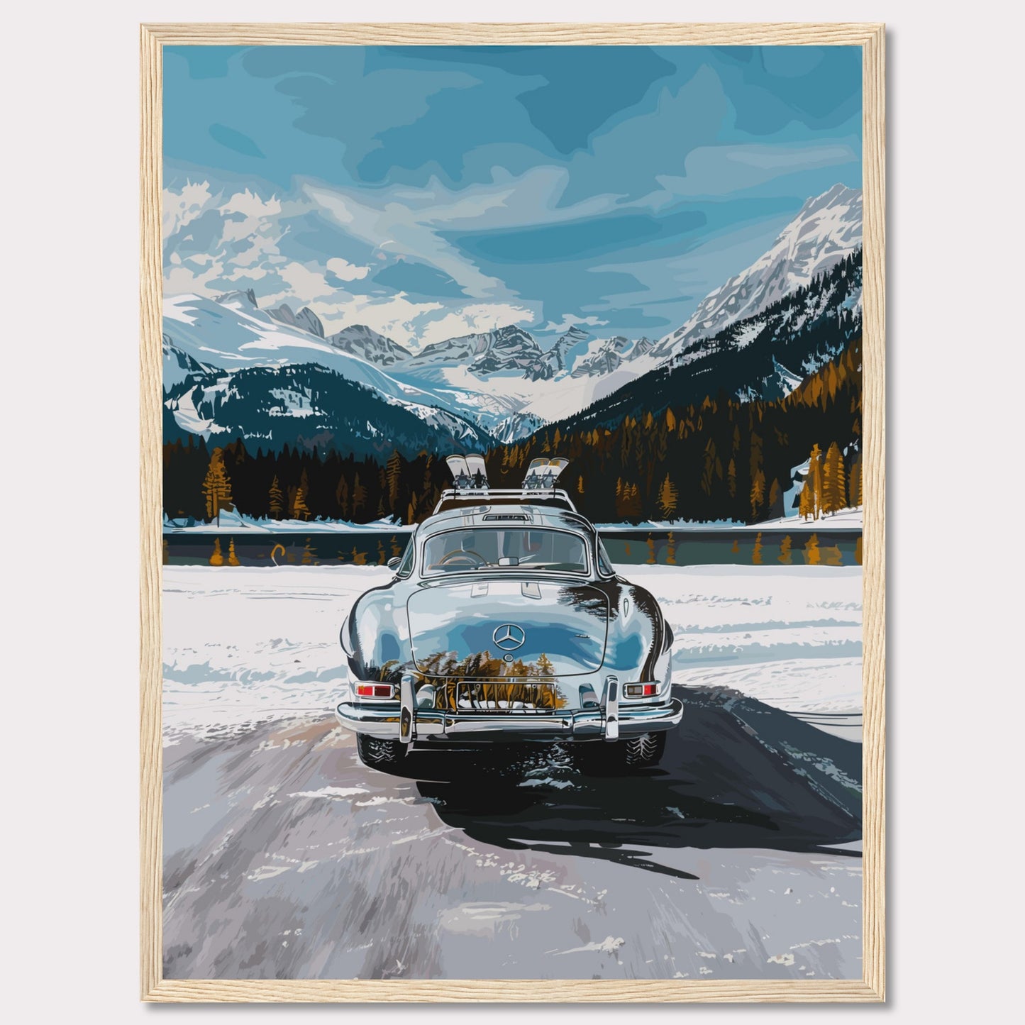 This artwork features a classic car parked on a snowy road with breathtaking snow-capped mountains and a serene lake in the background.