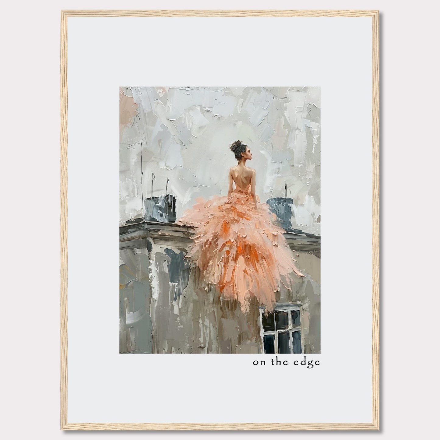 This captivating artwork depicts a woman in a flowing peach dress, standing on the edge of a rooftop. The painting's impressionistic style adds a dreamy, ethereal quality to the scene.