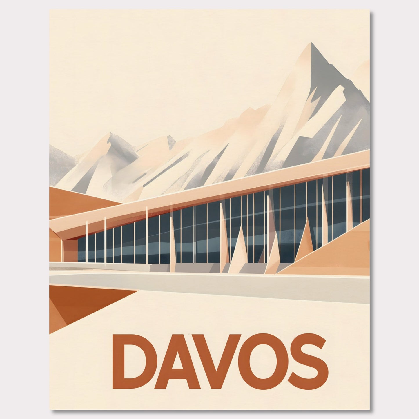 An artistic depiction of Davos, where a contemporary structure stretches along the base of snow-covered peaks. The smooth design of the building complements the sharp mountain ridges, creating a stunning contrast.