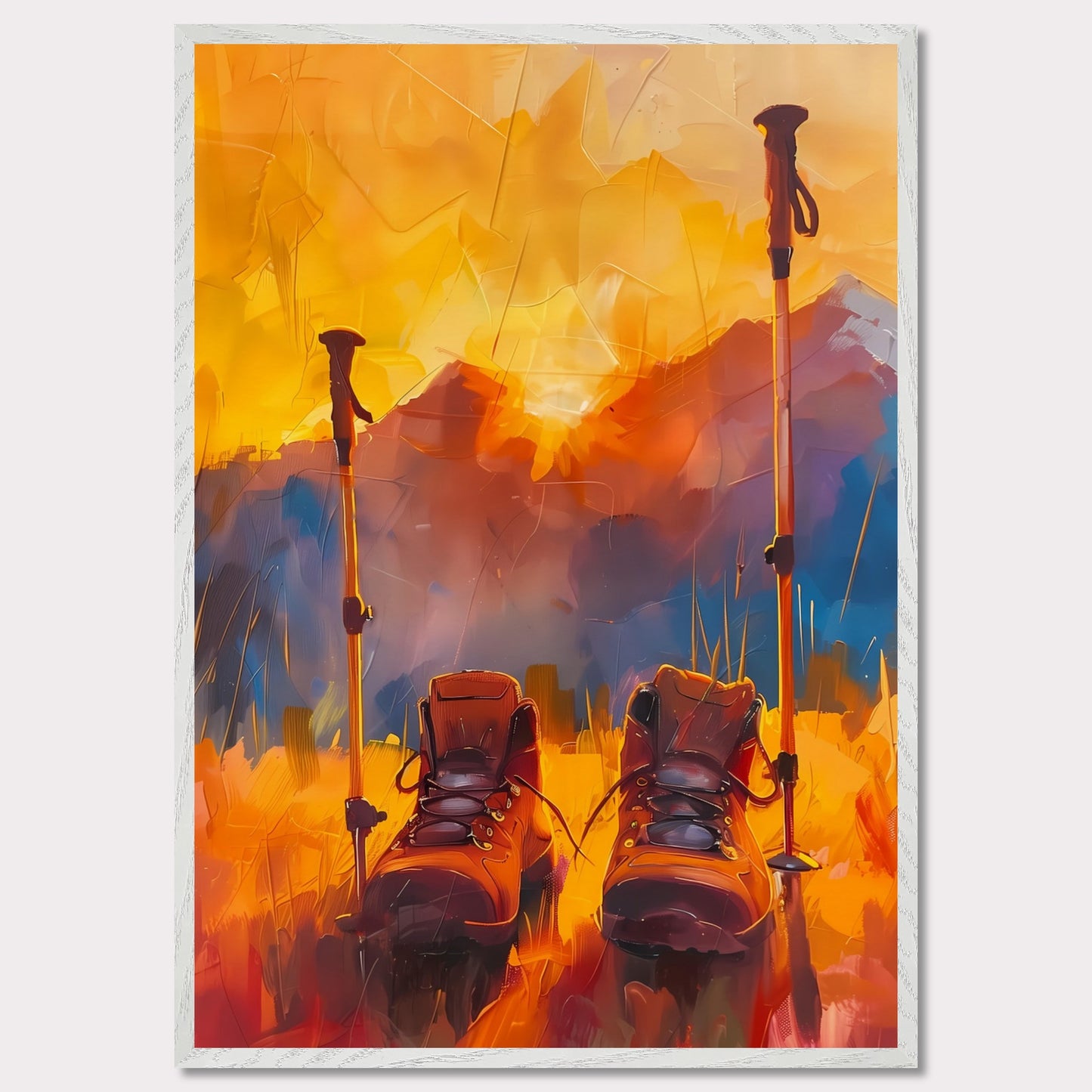 This illustration depicts a pair of hiking boots and trekking poles set against a vibrant, abstract background of mountains and a sunset.