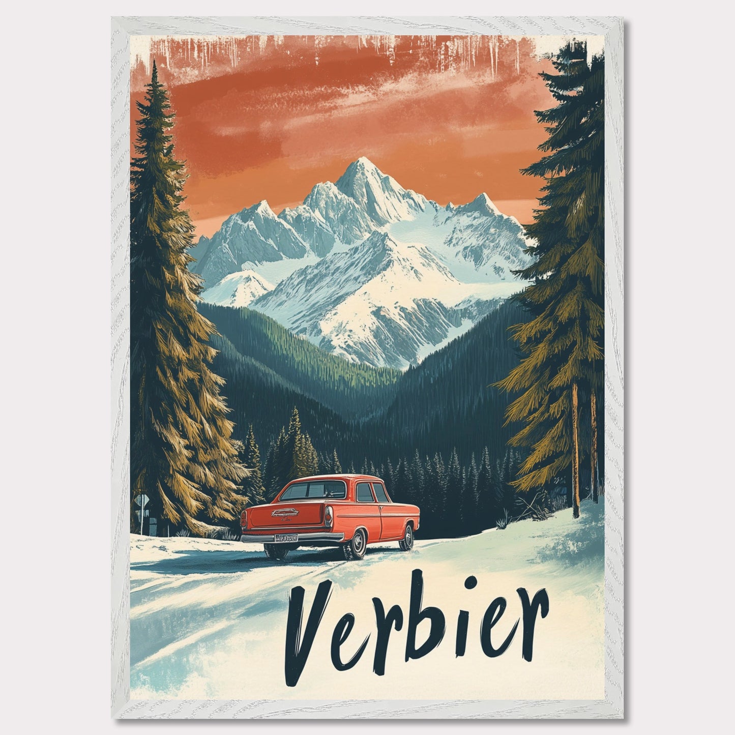 This striking retro-style poster depicts a vintage car driving through a snowy mountain landscape in Verbier. The red car stands out against the backdrop of majestic, snow-covered peaks and towering trees, with the warm orange hues of the sky adding to the nostalgic vibe. The vintage typography and artistic style evoke the allure of road trips through the Swiss Alps, offering a sense of freedom and adventure in a winter wonderland.