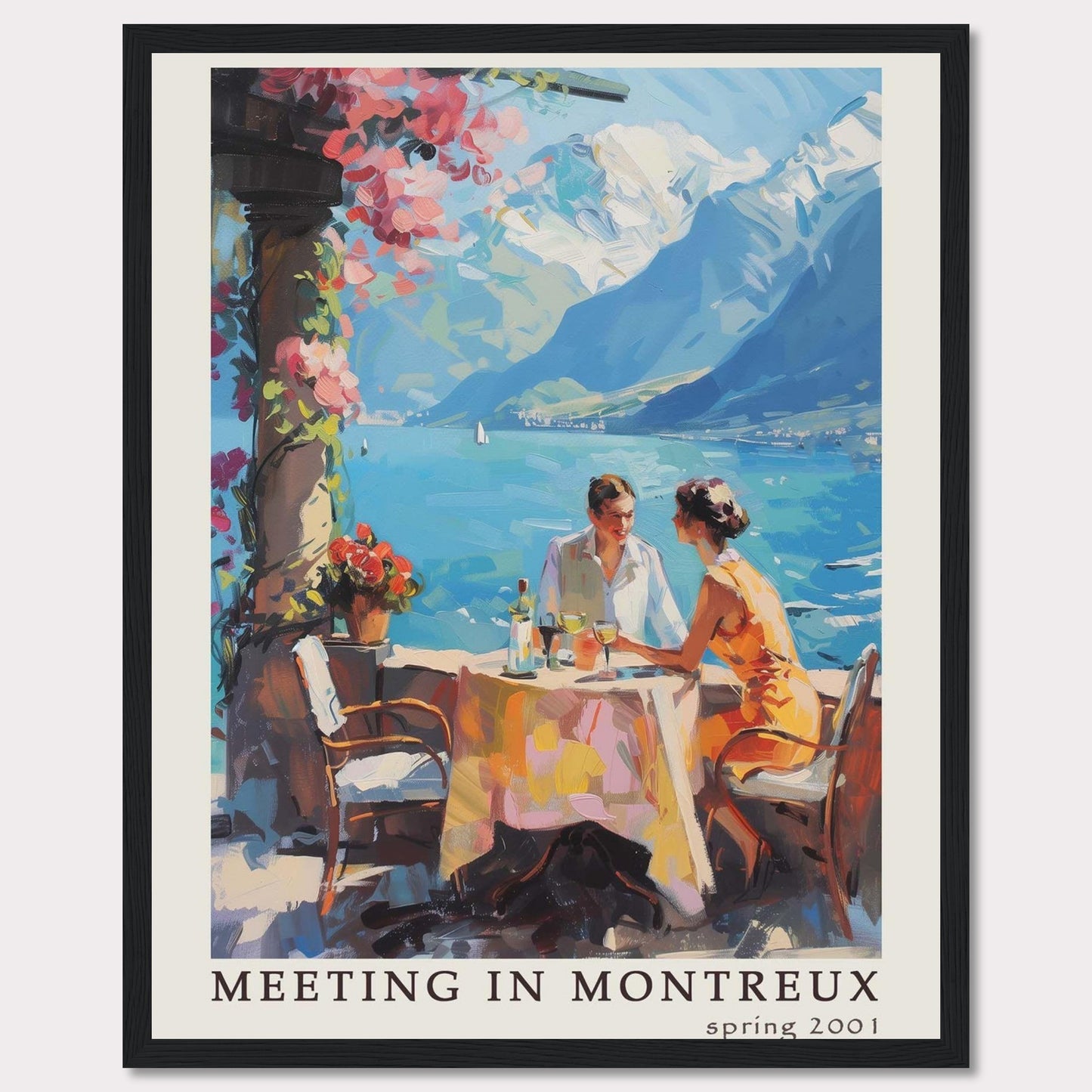 This vibrant poster captures a serene moment of a couple dining outdoors with the stunning backdrop of Montreux's picturesque lakeside and mountains.