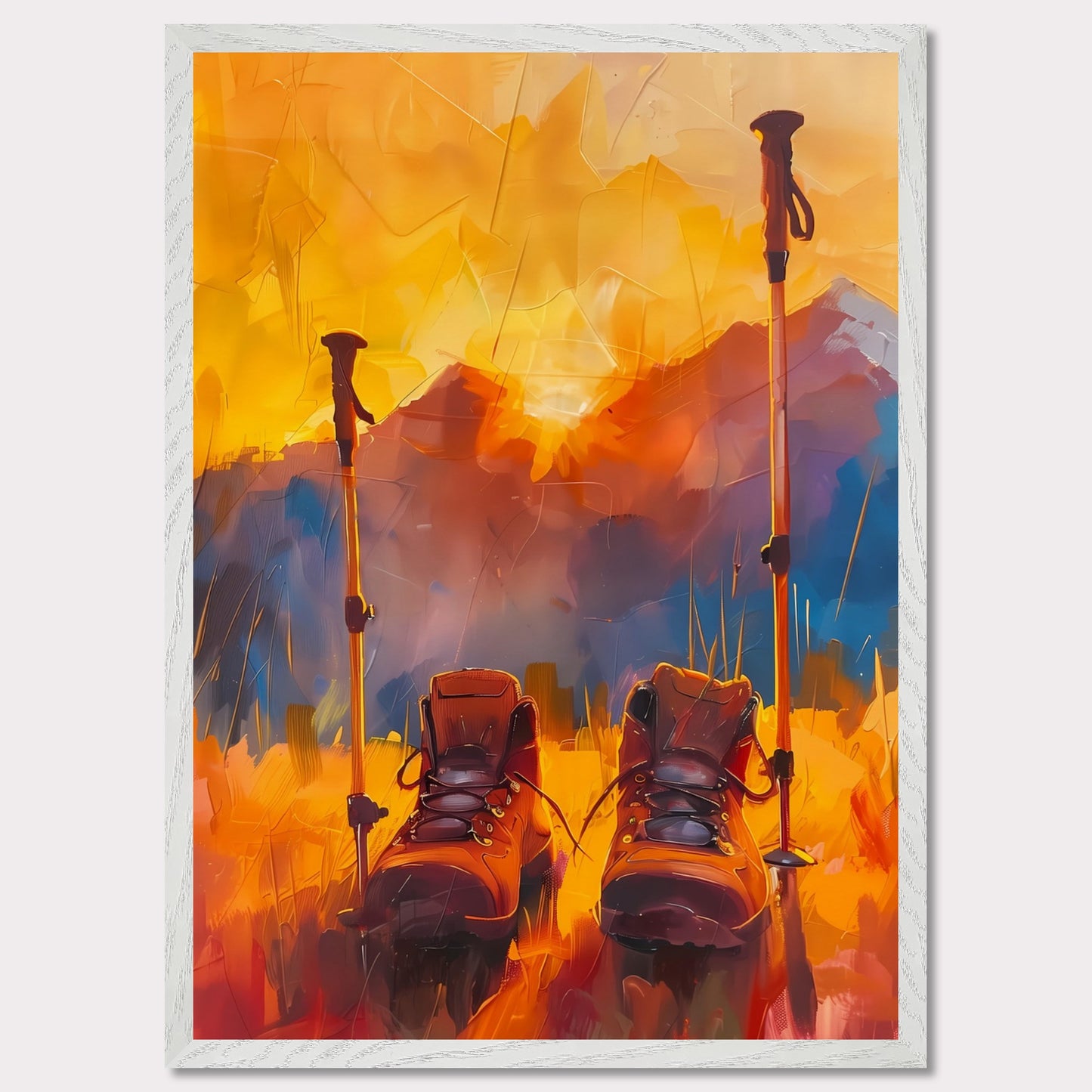 This illustration depicts a pair of hiking boots and trekking poles set against a vibrant, abstract background of mountains and a sunset.