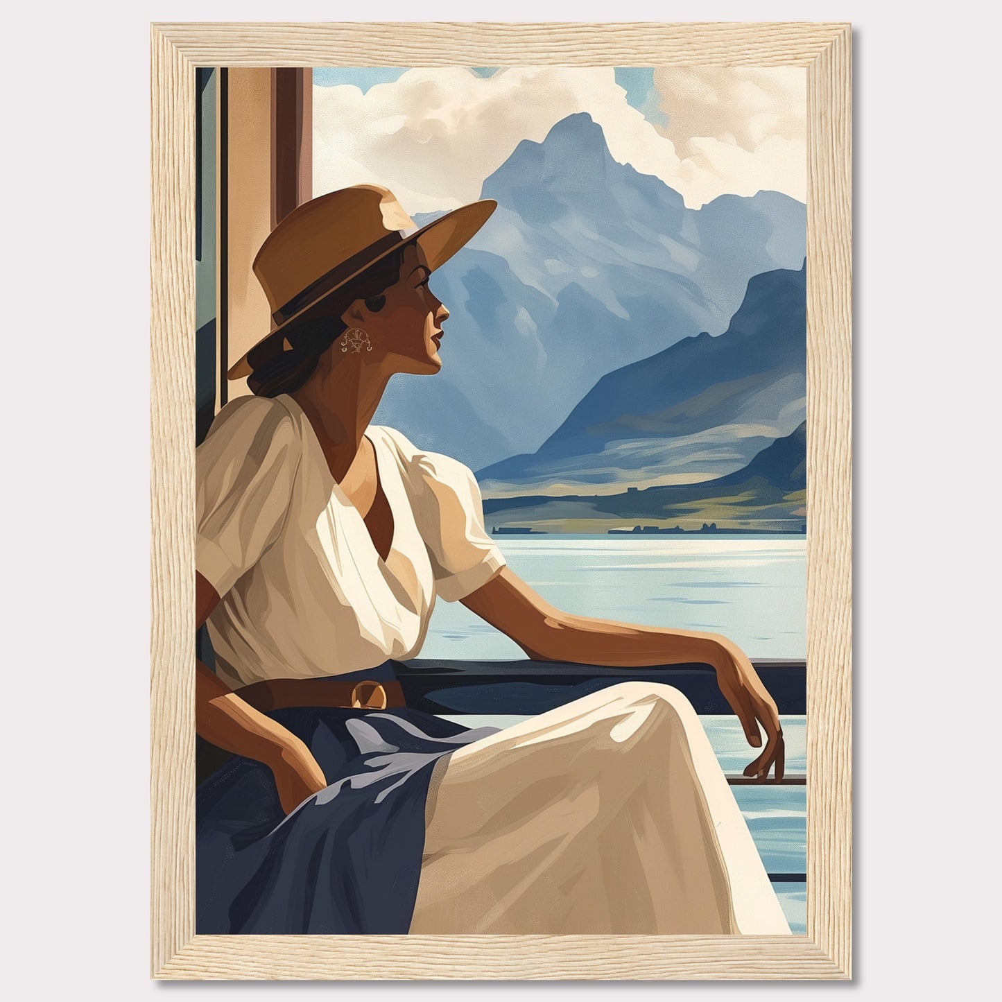 This captivating artwork features a serene woman in a white dress and wide-brimmed hat, gazing out at a tranquil lake with majestic mountains in the background. The scene evokes a sense of peace and contemplation, inviting viewers to pause and appreciate the beauty of nature.