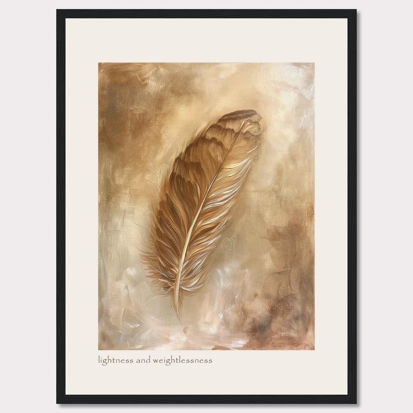 This image showcases a beautifully framed artwork featuring a single feather. The feather is depicted in warm, earthy tones, creating a sense of tranquility and elegance. The background consists of soft, abstract brushstrokes that enhance the delicate nature of the feather. At the bottom of the artwork, the phrase "lightness and weightlessness" is inscribed, adding to the ethereal feel of the piece.