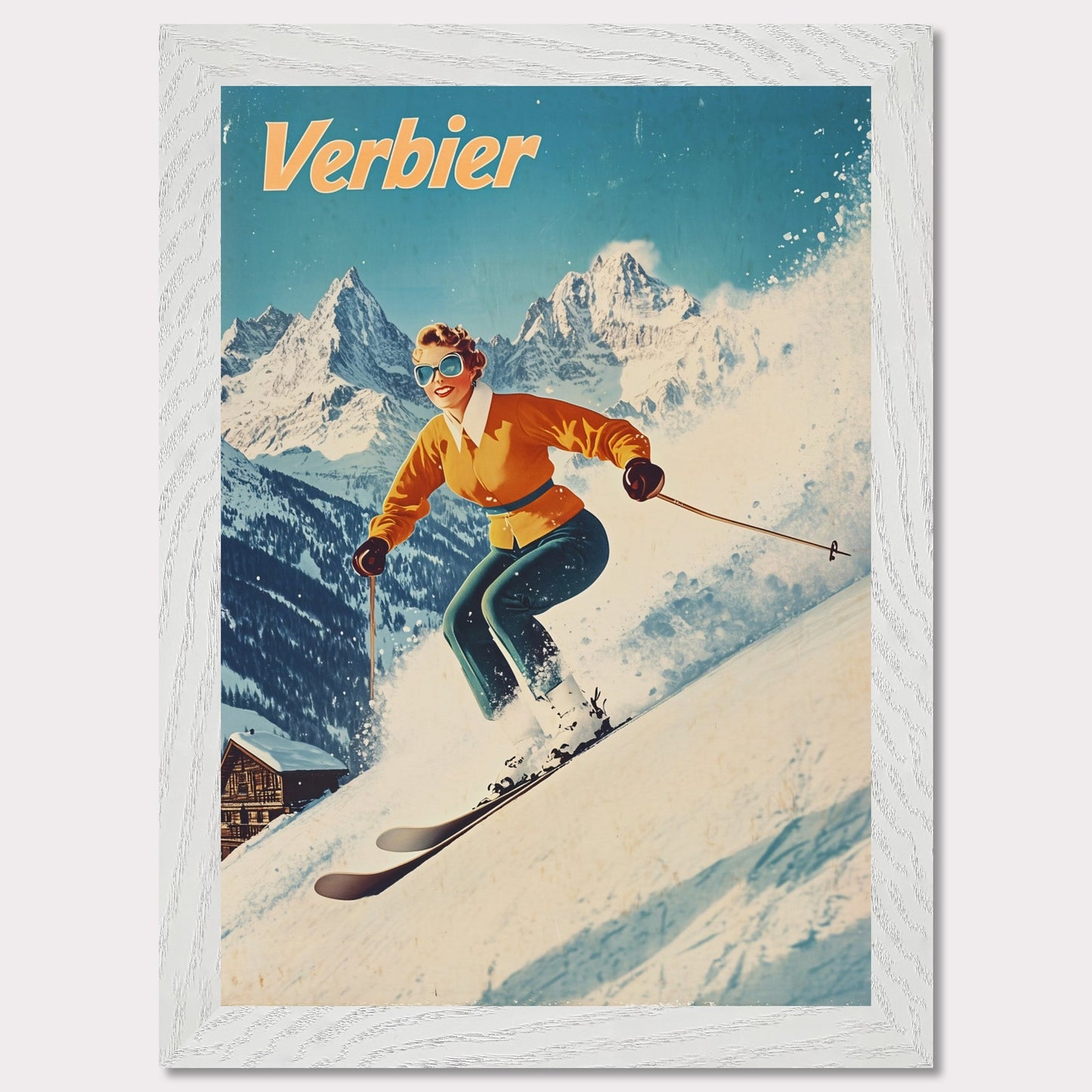 This vibrant retro poster captures the thrilling energy of skiing in Verbier, featuring a skier in a bright orange jacket racing down the slopes. The bright, clear sky contrasts beautifully with the snow-covered terrain and rugged mountain backdrop. The skier’s joyful expression, paired with the iconic Verbier mountains, evokes the excitement and adventure of alpine skiing. The vintage art style adds a timeless touch, bringing out the spirit of winter sports.