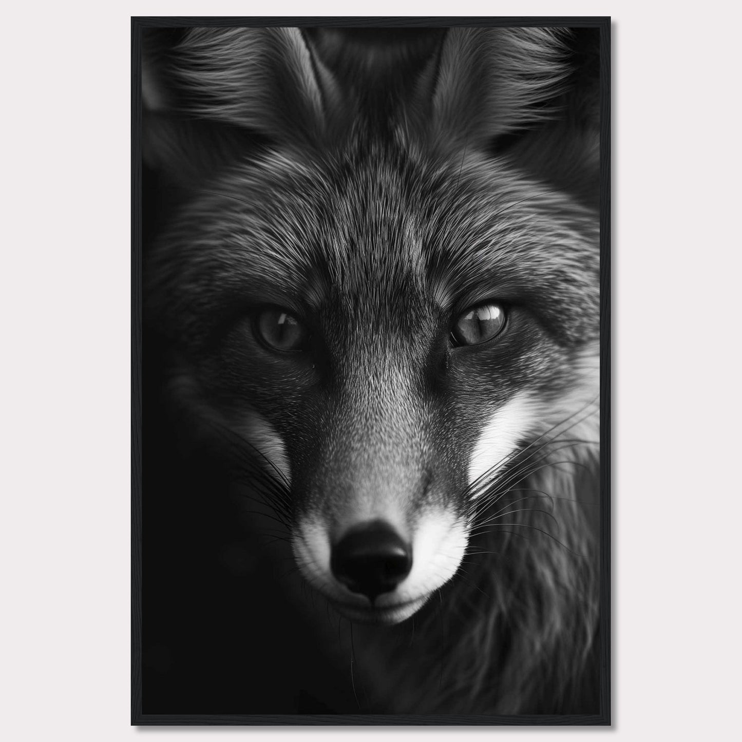 This striking black and white portrait captures the intense gaze of a fox, showcasing its majestic and enigmatic beauty. The detailed fur texture and sharp eyes draw you into the wild essence of this captivating creature.