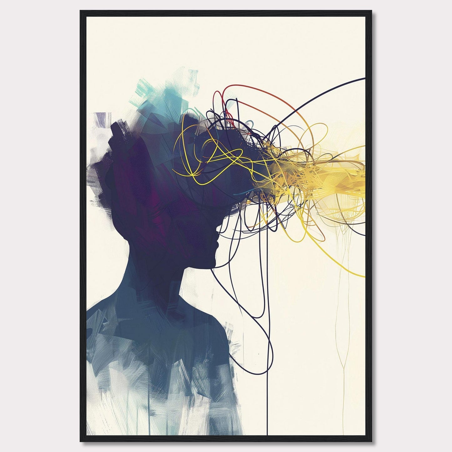 This captivating artwork features the silhouette of a person with an explosion of colorful, tangled lines emanating from their head, representing thoughts and creativity. The abstract design is set against a minimalist background, contrasting the vibrant colors with the dark silhouette.