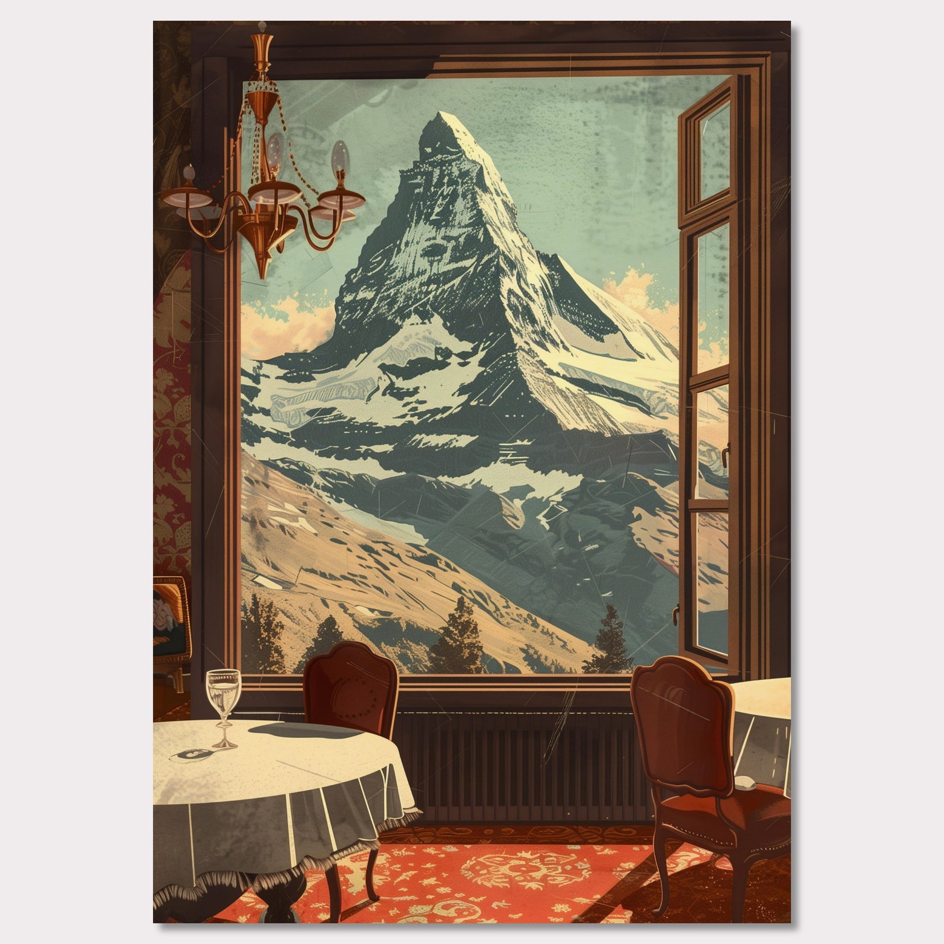 Witness the breathtaking view of a majestic snow-capped mountain through an elegantly framed window. This serene setting features a cozy dining area with classic furniture, a radiant chandelier, and a beautifully patterned carpet.