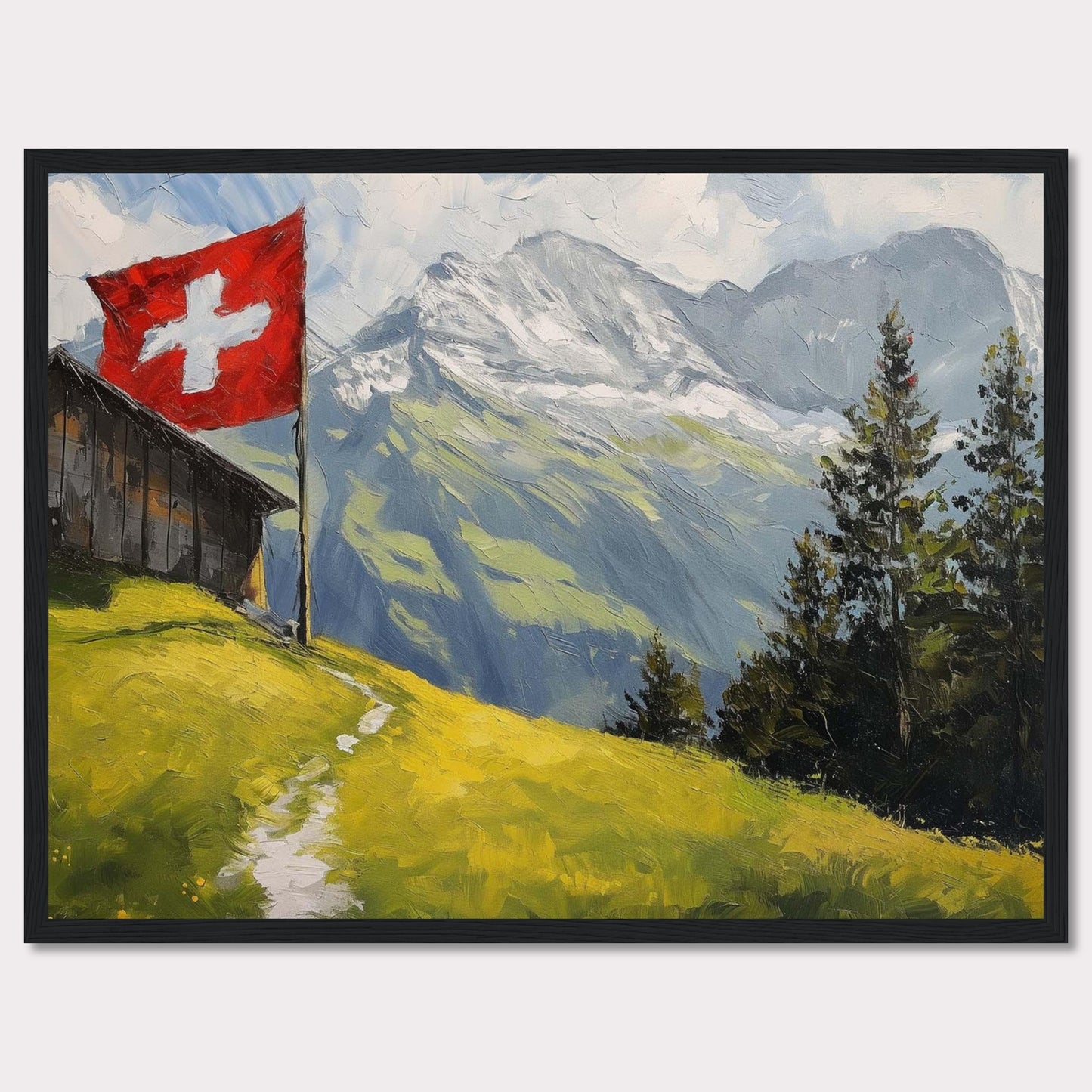 This stunning painting captures the serene beauty of a Swiss alpine landscape. A quaint wooden cabin is perched on a lush green hillside, with a vibrant Swiss flag fluttering proudly beside it. Majestic snow-capped mountains rise in the background, contrasting beautifully with the verdant foreground. Tall evergreen trees add depth and texture to the scene.