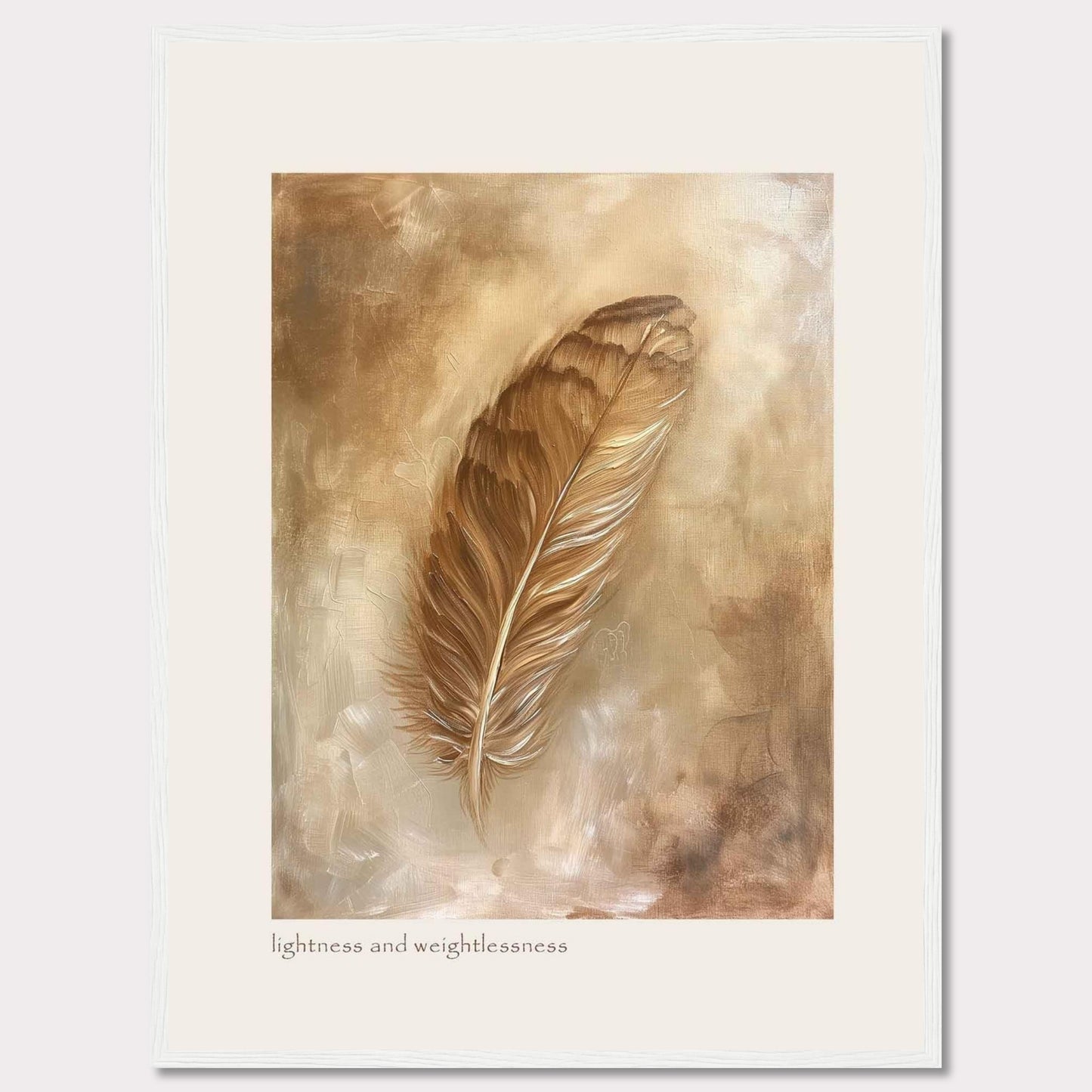 This image showcases a beautifully framed artwork featuring a single feather. The feather is depicted in warm, earthy tones, creating a sense of tranquility and elegance. The background consists of soft, abstract brushstrokes that enhance the delicate nature of the feather. At the bottom of the artwork, the phrase "lightness and weightlessness" is inscribed, adding to the ethereal feel of the piece.