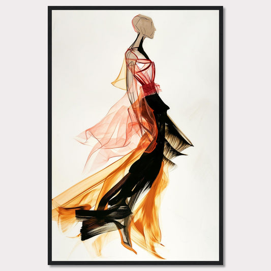 This captivating artwork showcases a fashion illustration of a figure in a flowing, vibrant dress. The dress features dynamic colors and textures, blending red, orange, and black hues. The abstract style and fluid lines create a sense of movement and elegance.