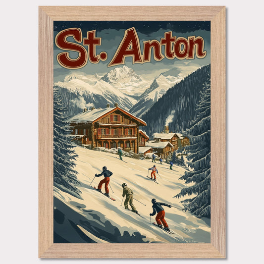 This minimalist yet striking poster captures the essence of St. Anton's alpine charm through its dynamic composition and vintage-inspired design. At the heart of the image is a group of skiers gracefully descending the snowy slopes, framed by towering evergreens and a cozy wooden chalet. The vibrant yet balanced color palette enhances the lively appeal, blending a sense of adventure and winter serenity.