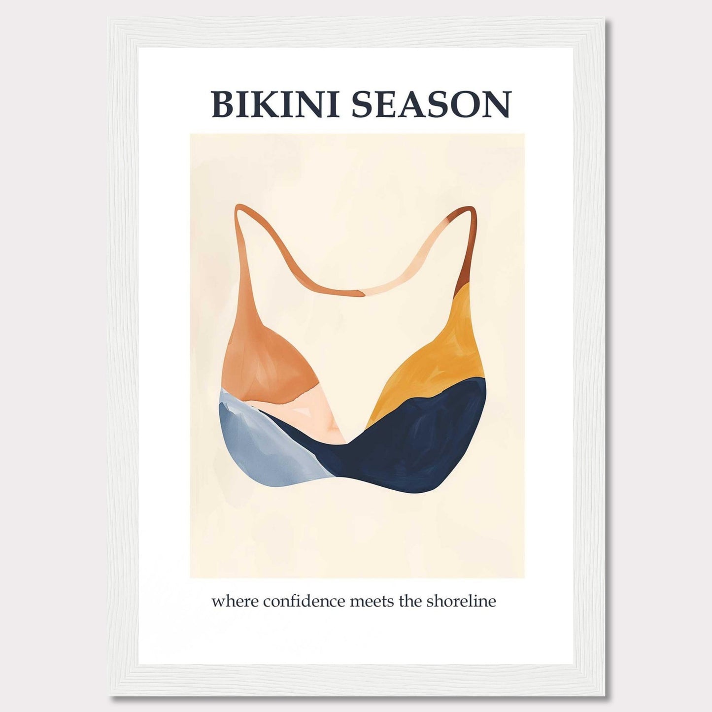 This image showcases a minimalist poster with an artistic depiction of a bikini top. The text "BIKINI SEASON" is prominently displayed at the top, while the phrase "where confidence meets the shoreline" is written at the bottom.