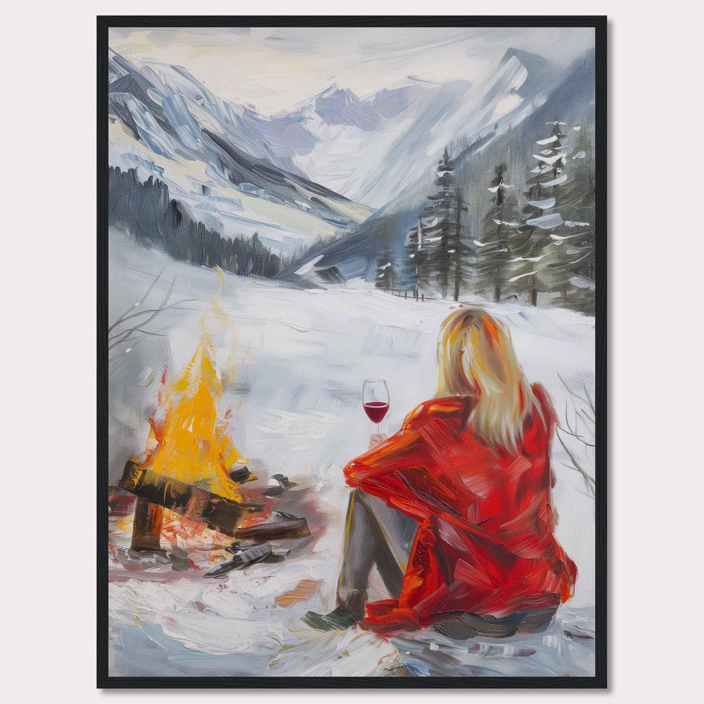 This painting captures a serene winter scene where a person in a red coat sits by a campfire, enjoying a glass of wine amidst a snowy landscape. The backdrop features majestic snow-covered mountains and evergreen trees.