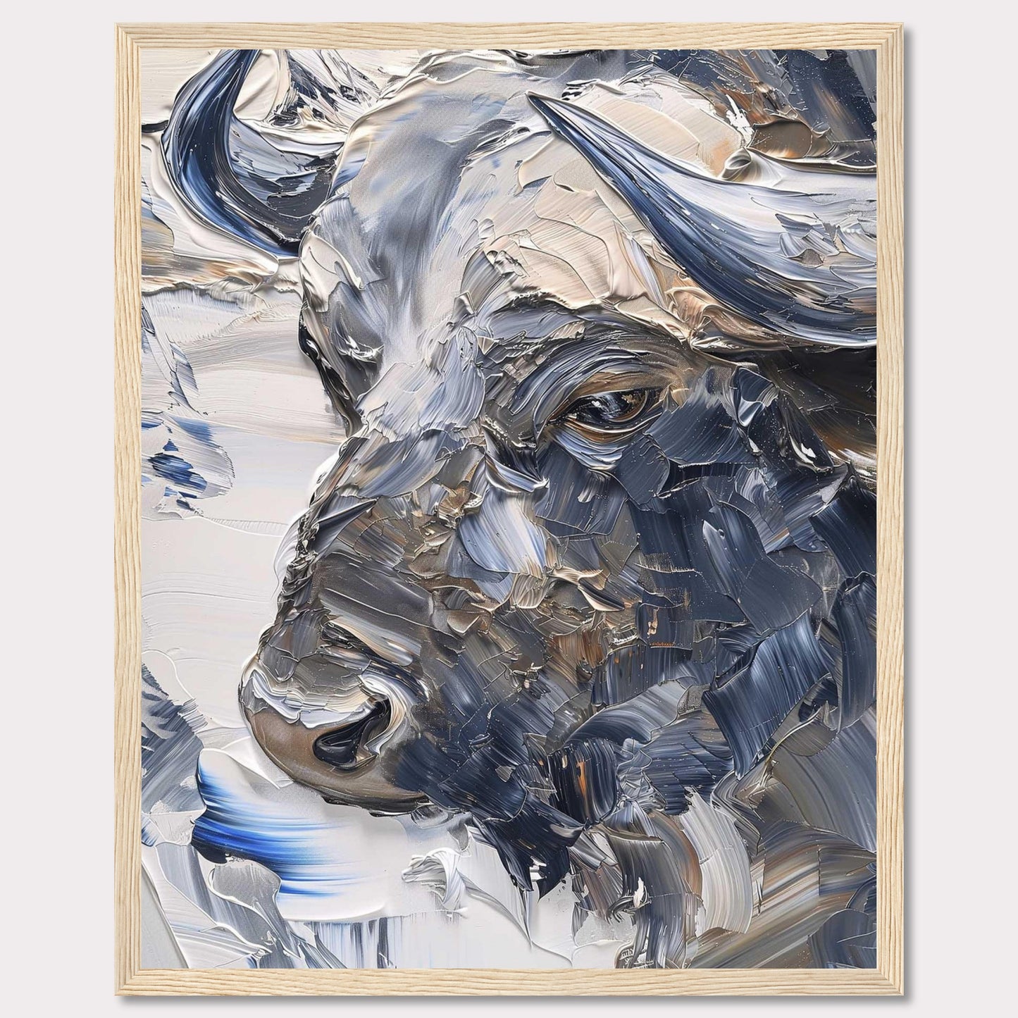 This stunning artwork captures the powerful essence of a bull through bold, textured brushstrokes. The painting's rich, earthy tones and dynamic use of color create a sense of strength and majesty.